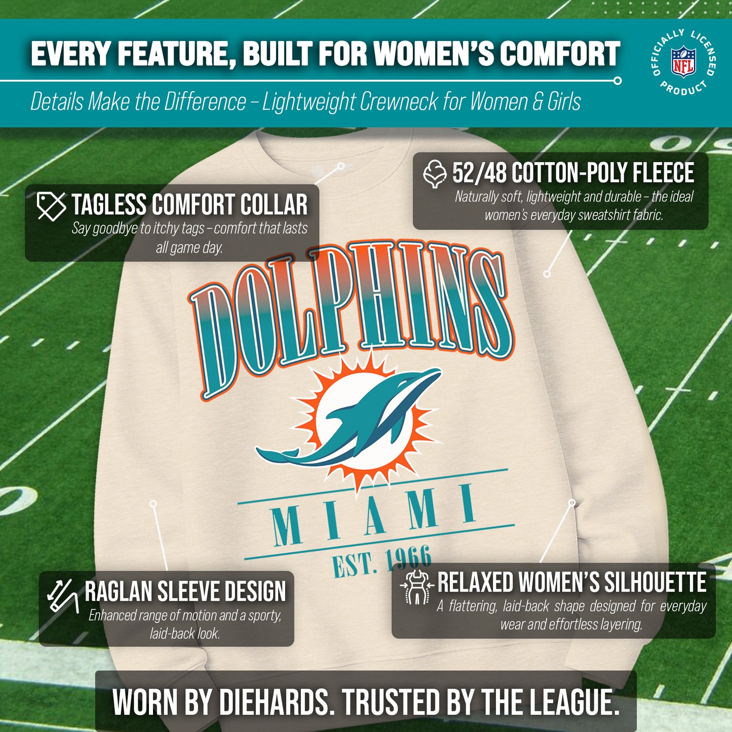 Miami Dolphins Womens NFL Starstruck Crewneck Pullover - Cream