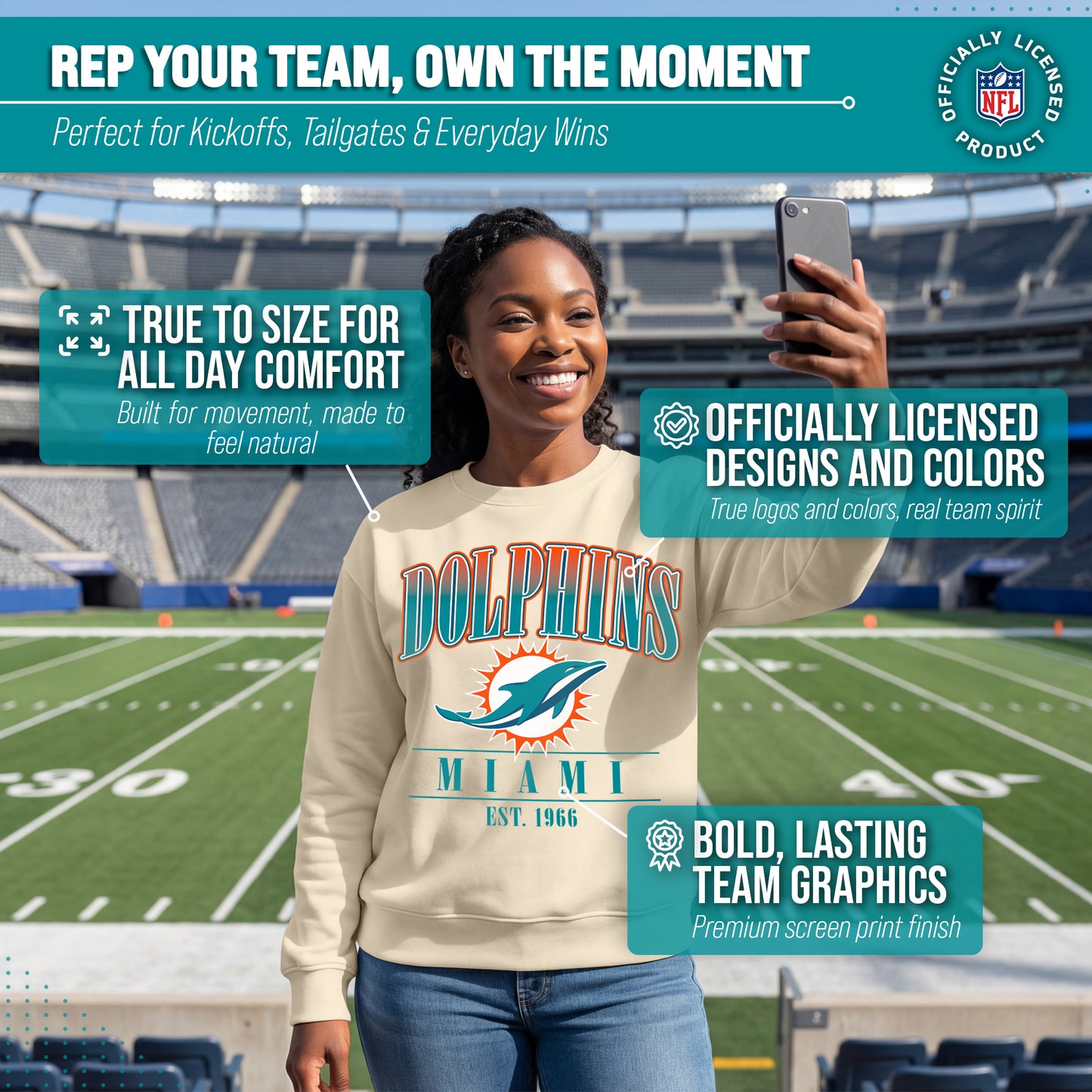 Miami Dolphins Womens NFL Starstruck Crewneck Pullover - Cream
