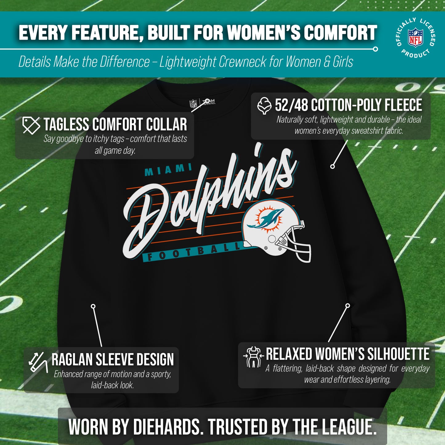 Miami Dolphins Womens NFL Scrimmage Line Crewneck Pullover - Black