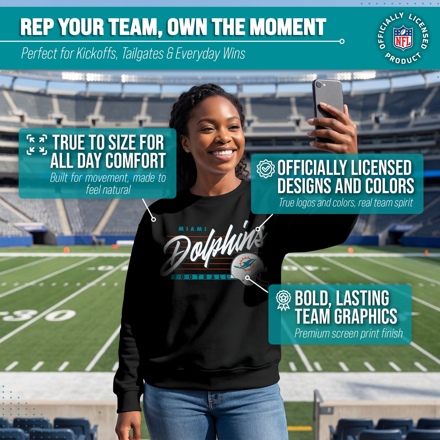 Miami Dolphins Womens NFL Scrimmage Line Crewneck Pullover - Black