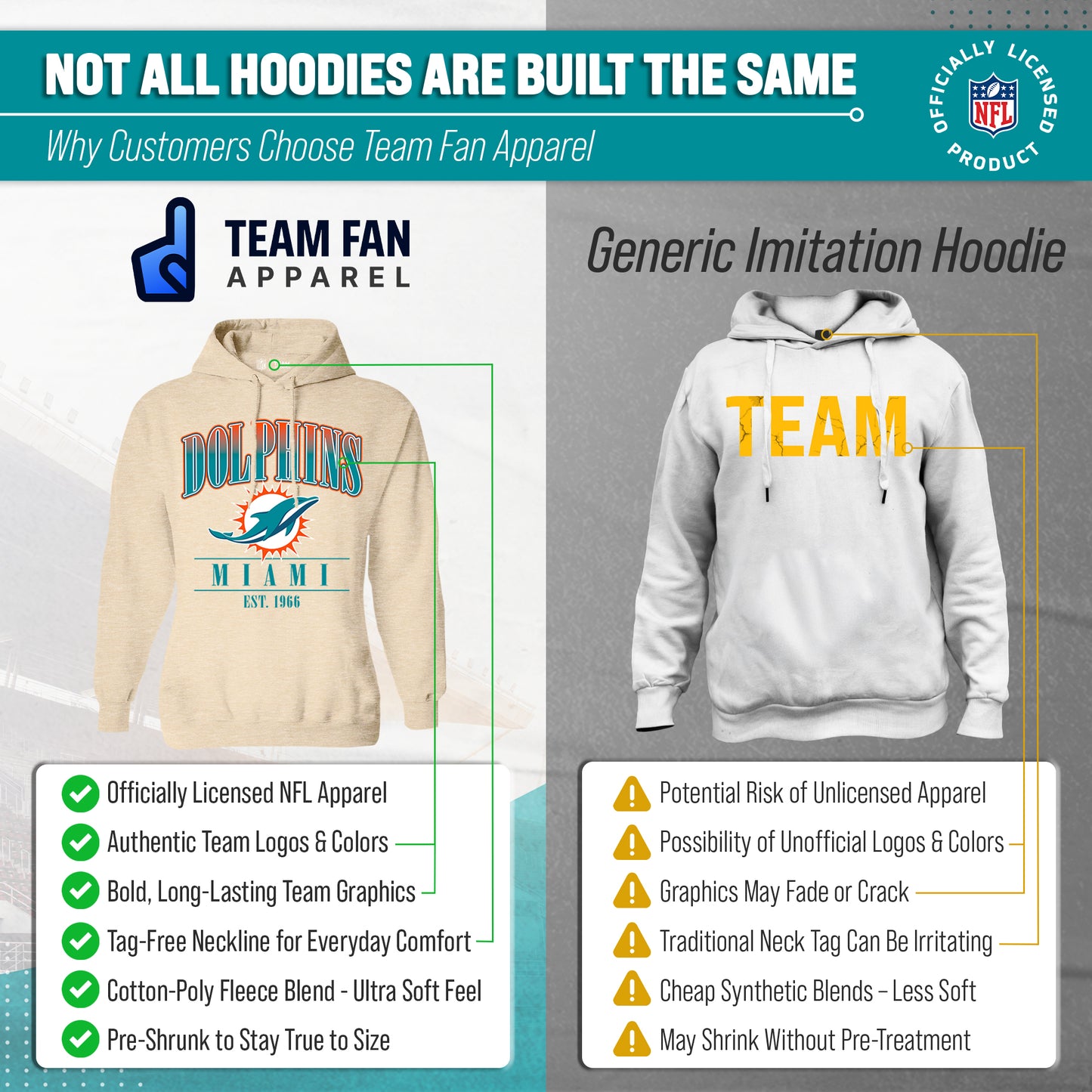 Miami Dolphins Team Fan Apparel NFL Women's  Starstruck Fleece Pullover Hoodie - Cream