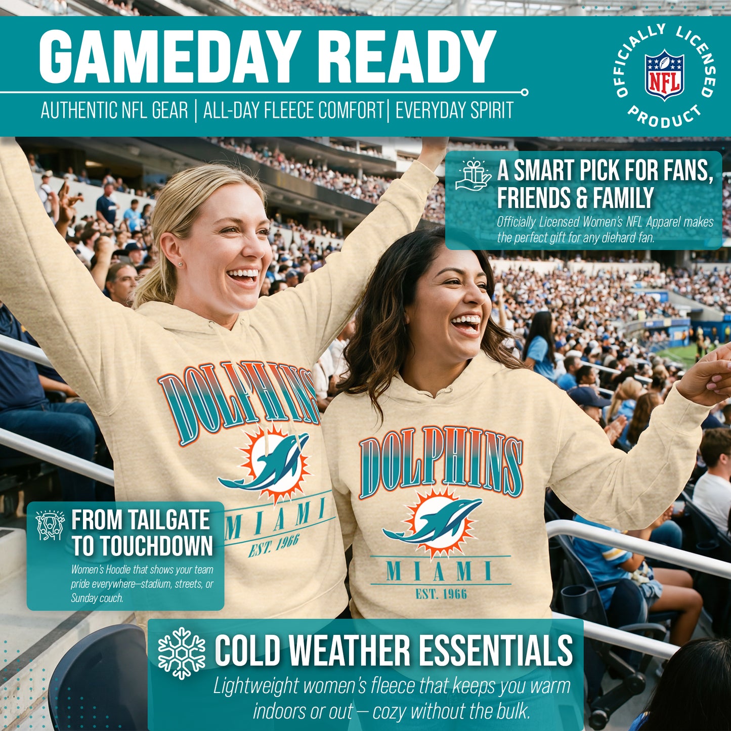 Miami Dolphins Team Fan Apparel NFL Women's  Starstruck Fleece Pullover Hoodie - Cream