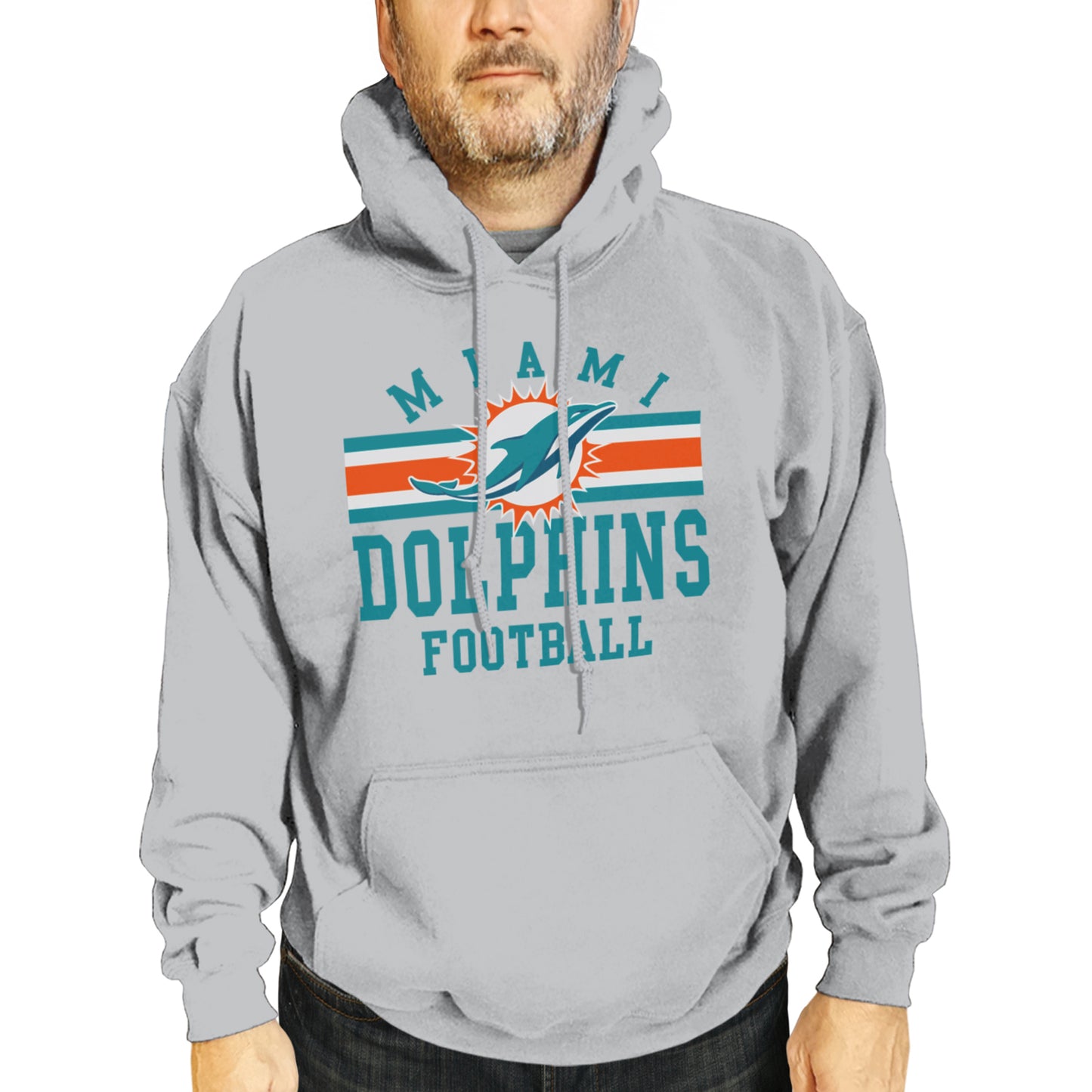 Miami Dolphins NFL Team Stripe Hooded Sweatshirt- Soft Pullover Sports Hoodie For Men & Women - Sport Gray