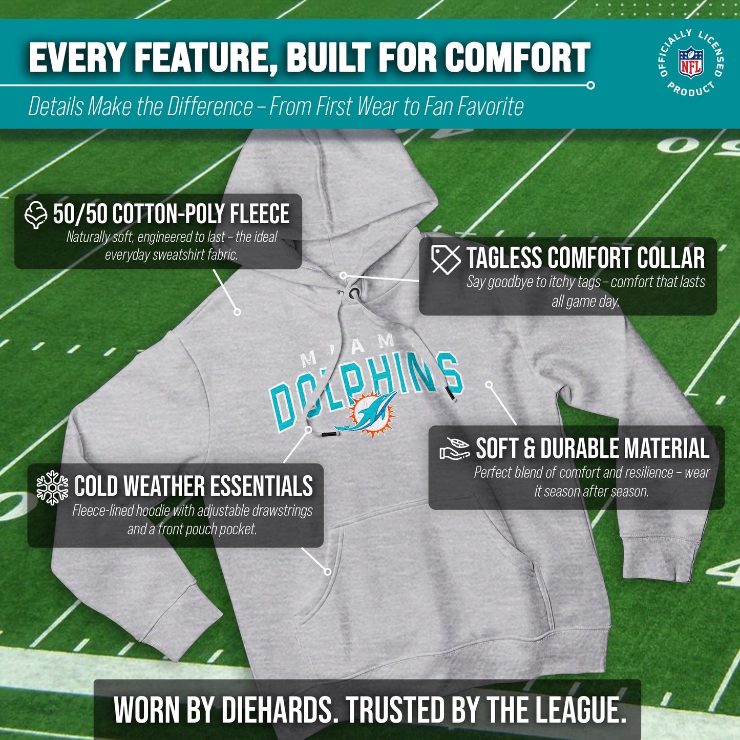Miami Dolphins NFL Adult Unisex Starting Fresh Ultra Soft Fleece Hooded Sweatshirt - Athletic Heather