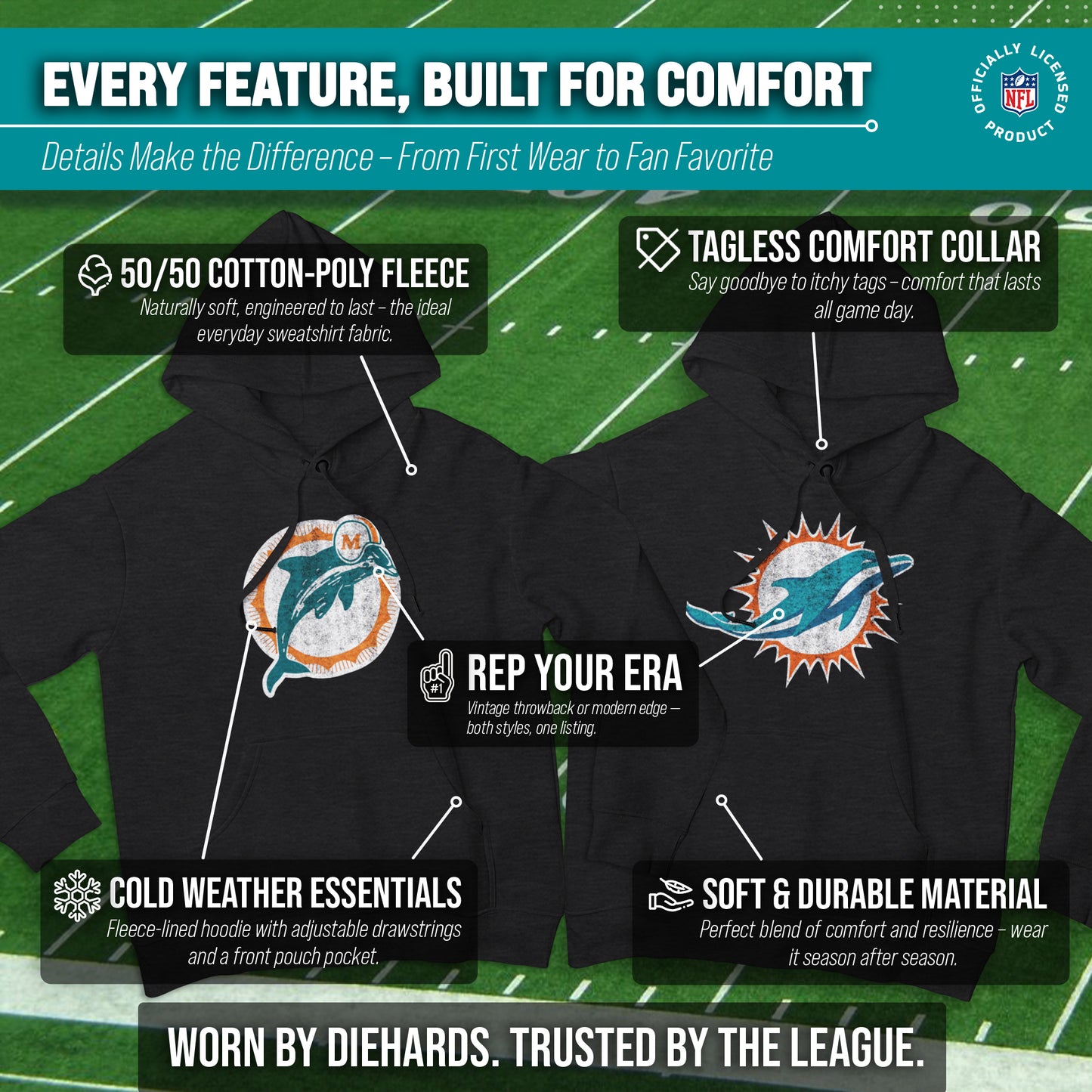 Miami Dolphins NFL Adult Unisex Modern Throwback Ultra Soft Fleece Hooded Sweatshirt - Black Heather