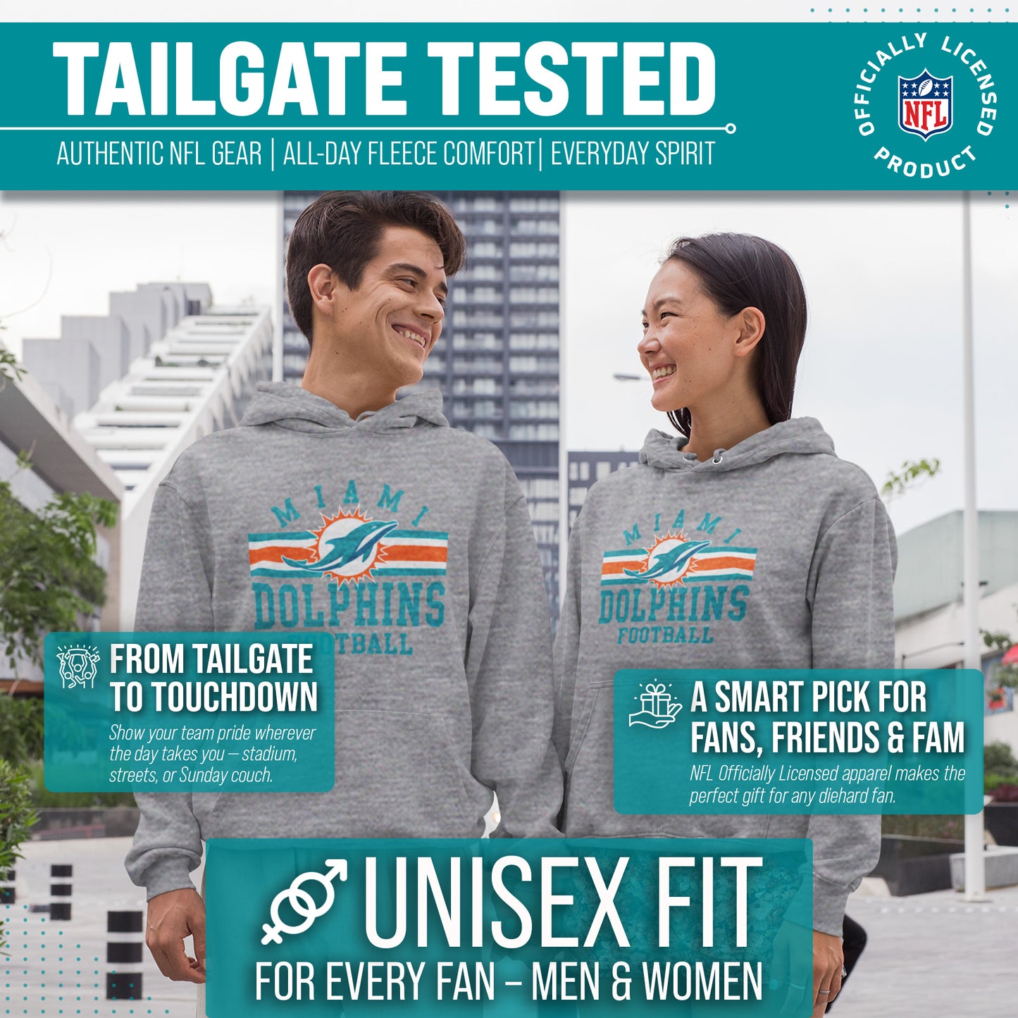 Miami Dolphins NFL Team Stripe Hooded Sweatshirt- Soft Pullover Sports Hoodie For Men & Women - Sport Gray