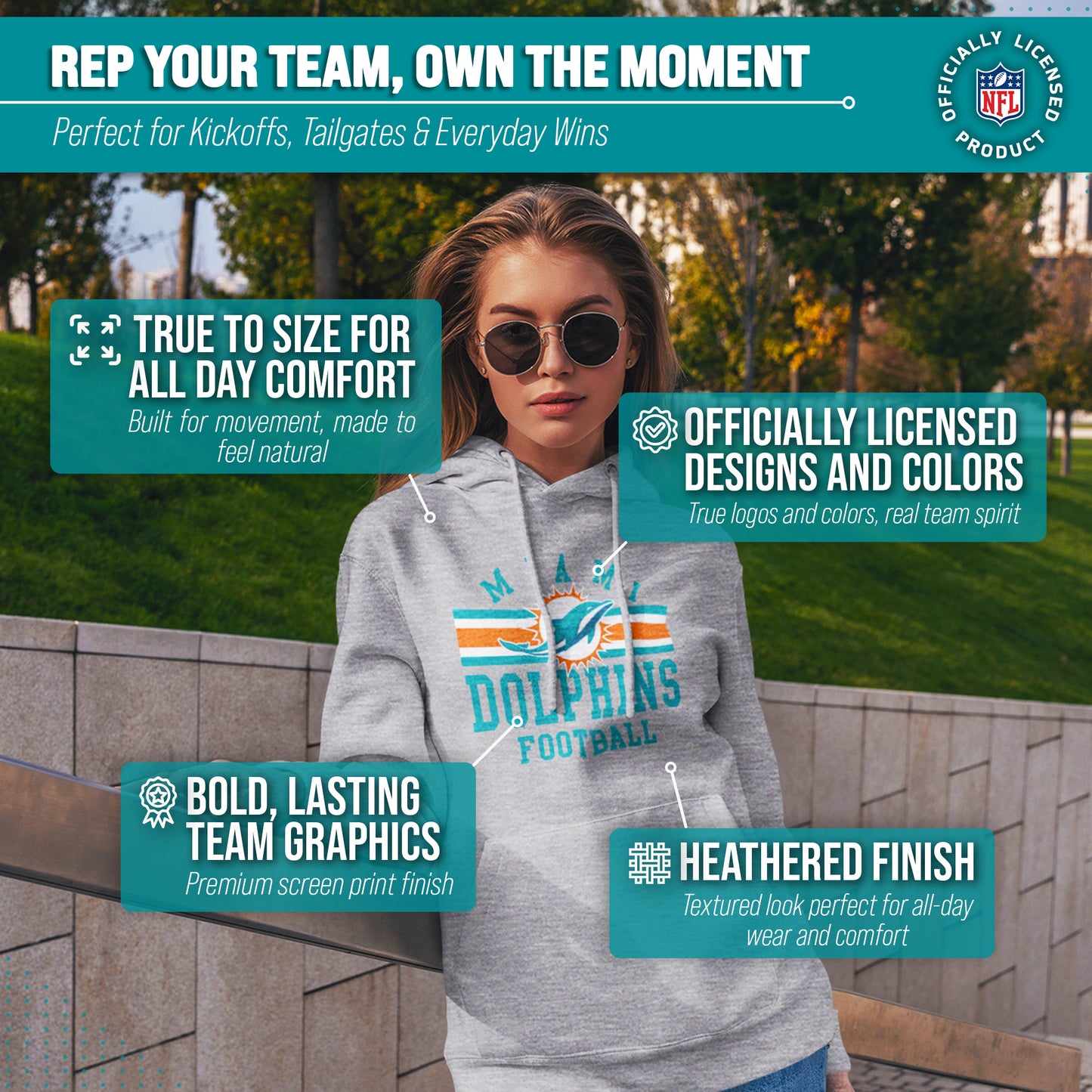 Miami Dolphins NFL Team Stripe Hooded Sweatshirt- Soft Pullover Sports Hoodie For Men & Women - Sport Gray