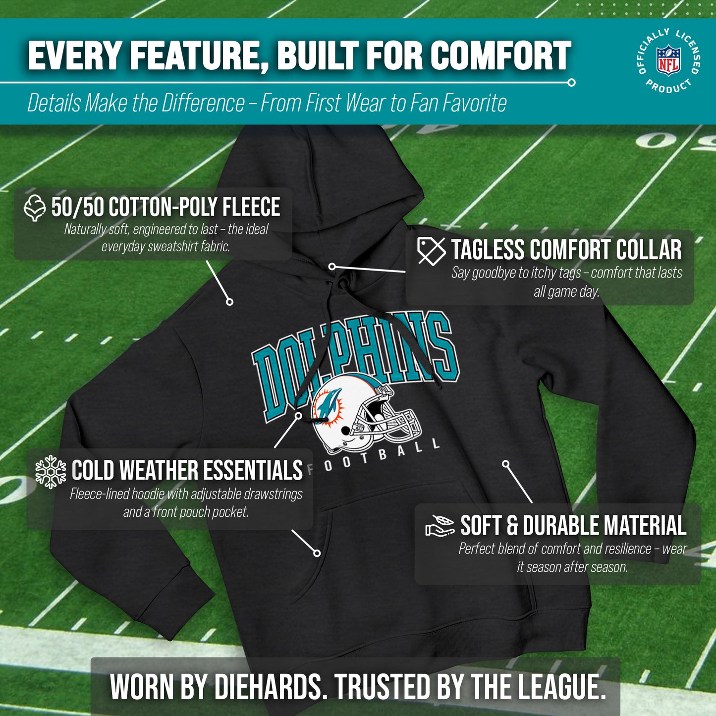 Miami Dolphins NFL Adult Unisex All Star Soft Fleece Hooded Sweatshirt - Black Heather