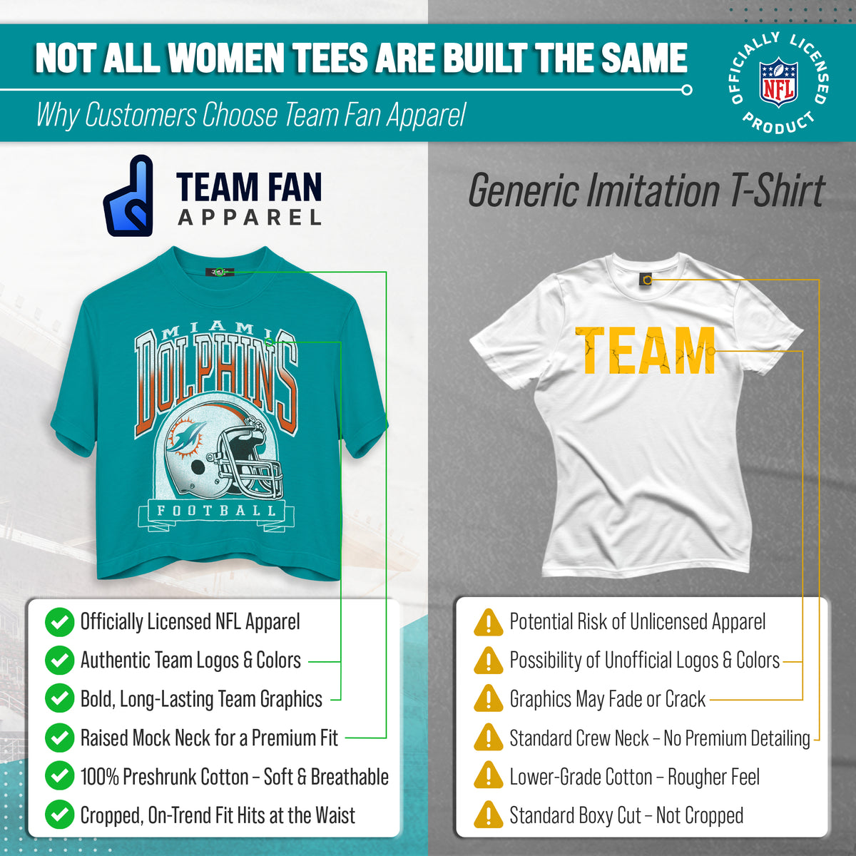 Miami Dolphins  Women's Franchise Helmet Crop T-Shirt Mock Neck - Teal