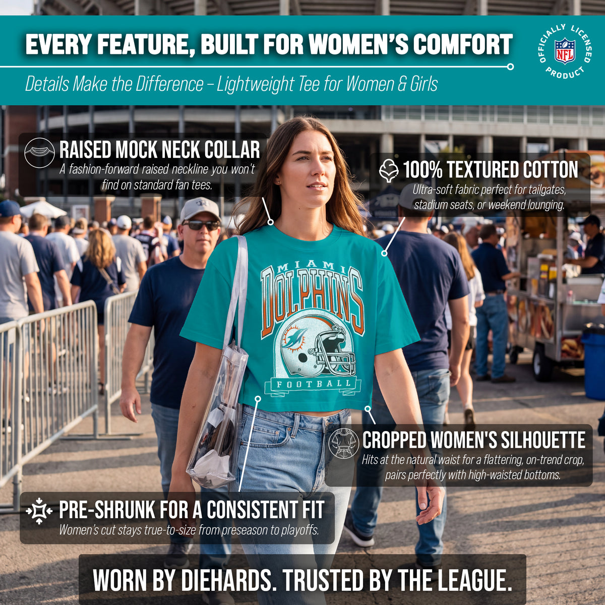Miami Dolphins  Women's Franchise Helmet Crop T-Shirt Mock Neck - Teal