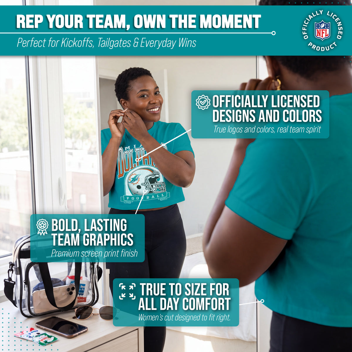 Miami Dolphins  Women's Franchise Helmet Crop T-Shirt Mock Neck - Teal