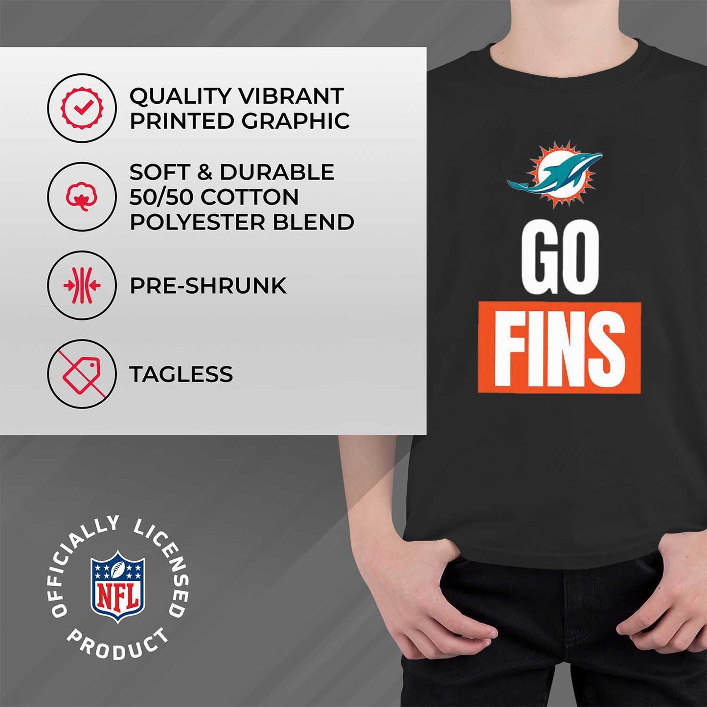 Miami Dolphins NFL Youth Team Slogan Short Sleeve Lightweight T Shirt - Black
