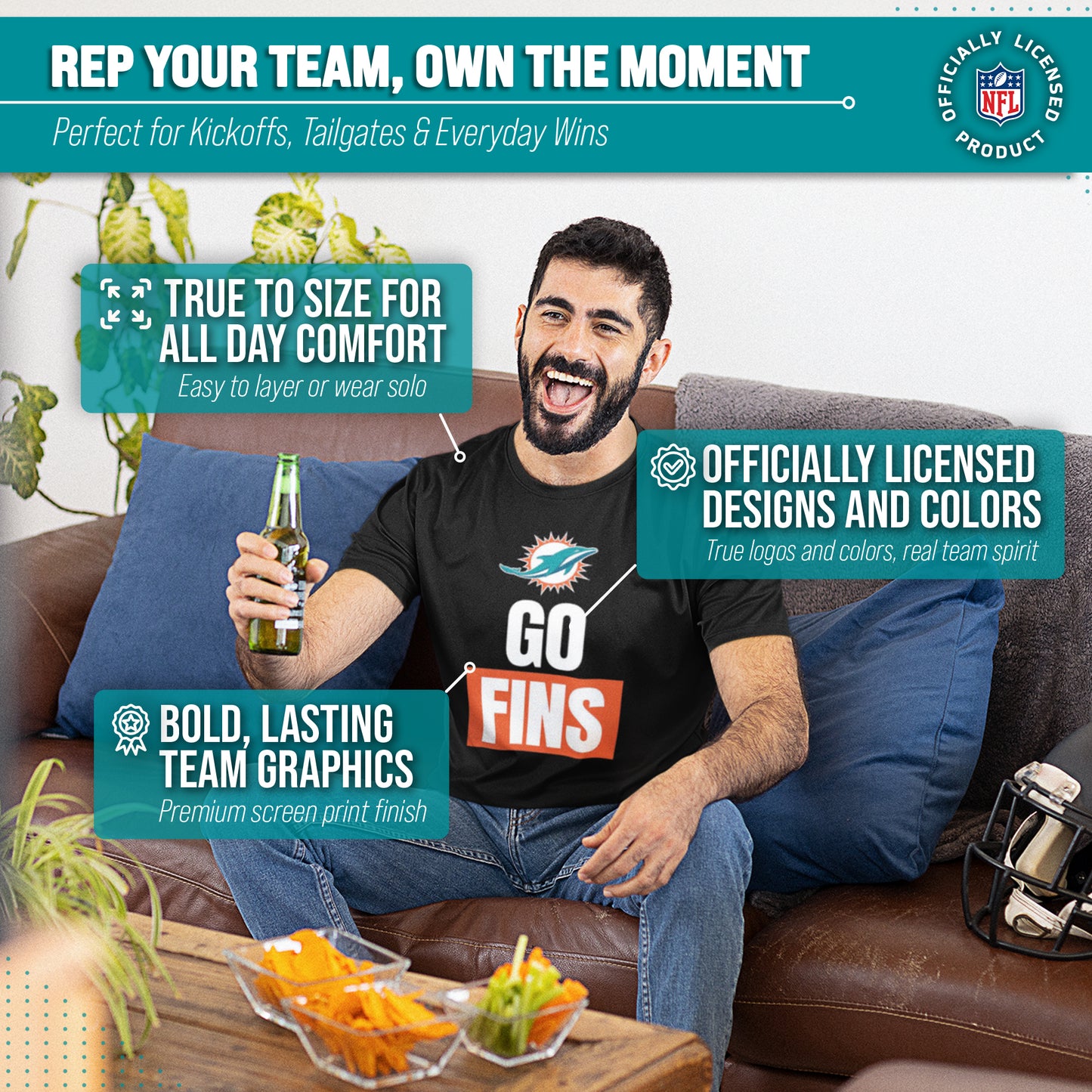 Miami Dolphins NFL Adult Team Slogan Unisex T-Shirt - Black