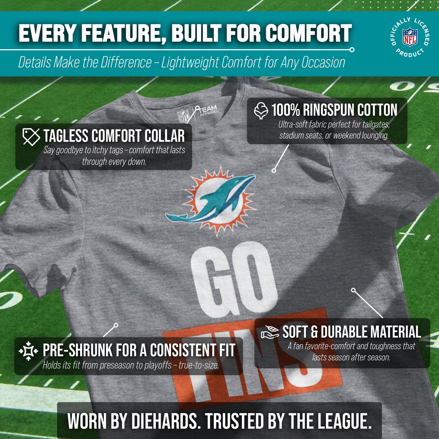 Miami Dolphins NFL Adult Team Slogan Unisex T-Shirt - Sport Gray