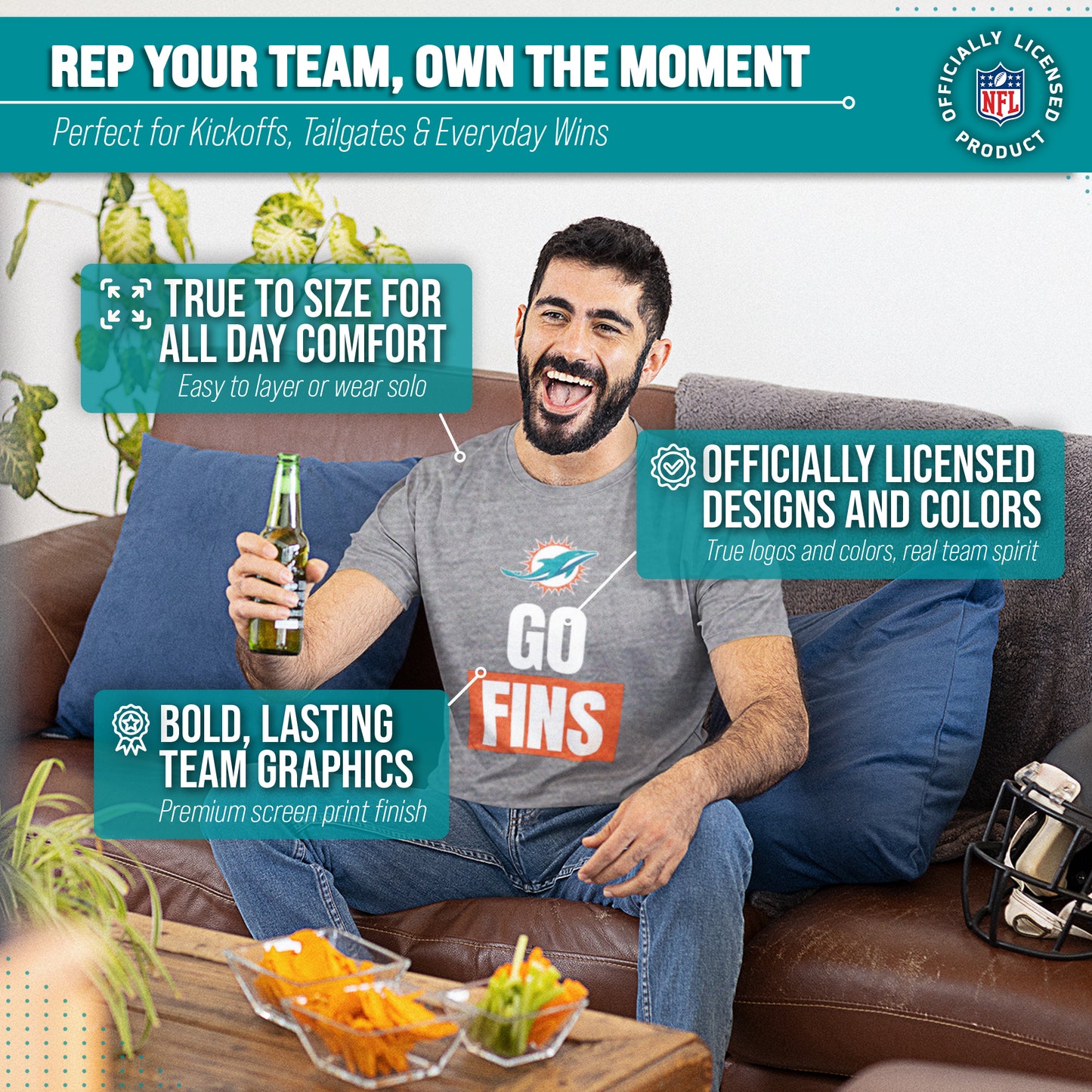 Miami Dolphins NFL Adult Team Slogan Unisex T-Shirt - Sport Gray