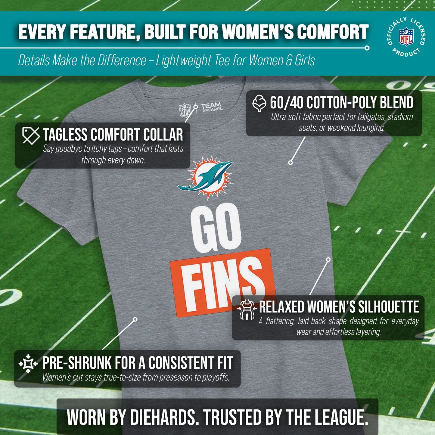 Miami Dolphins NFL Womens Team Slogan Short Sleeve Tshirt - Sport Gray