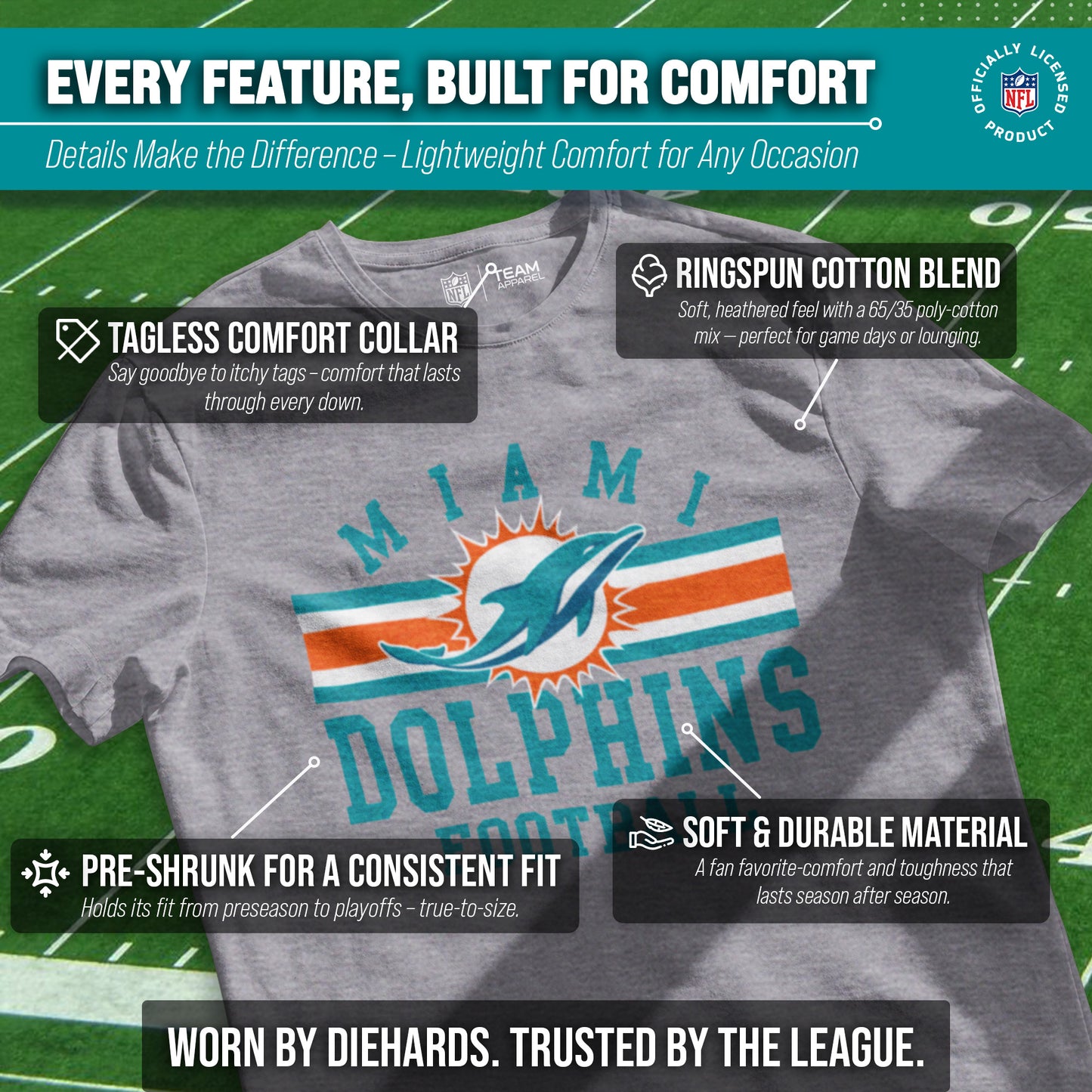 Miami Dolphins NFL Adult Short Sleeve Team Stripe Tee - Sport Gray