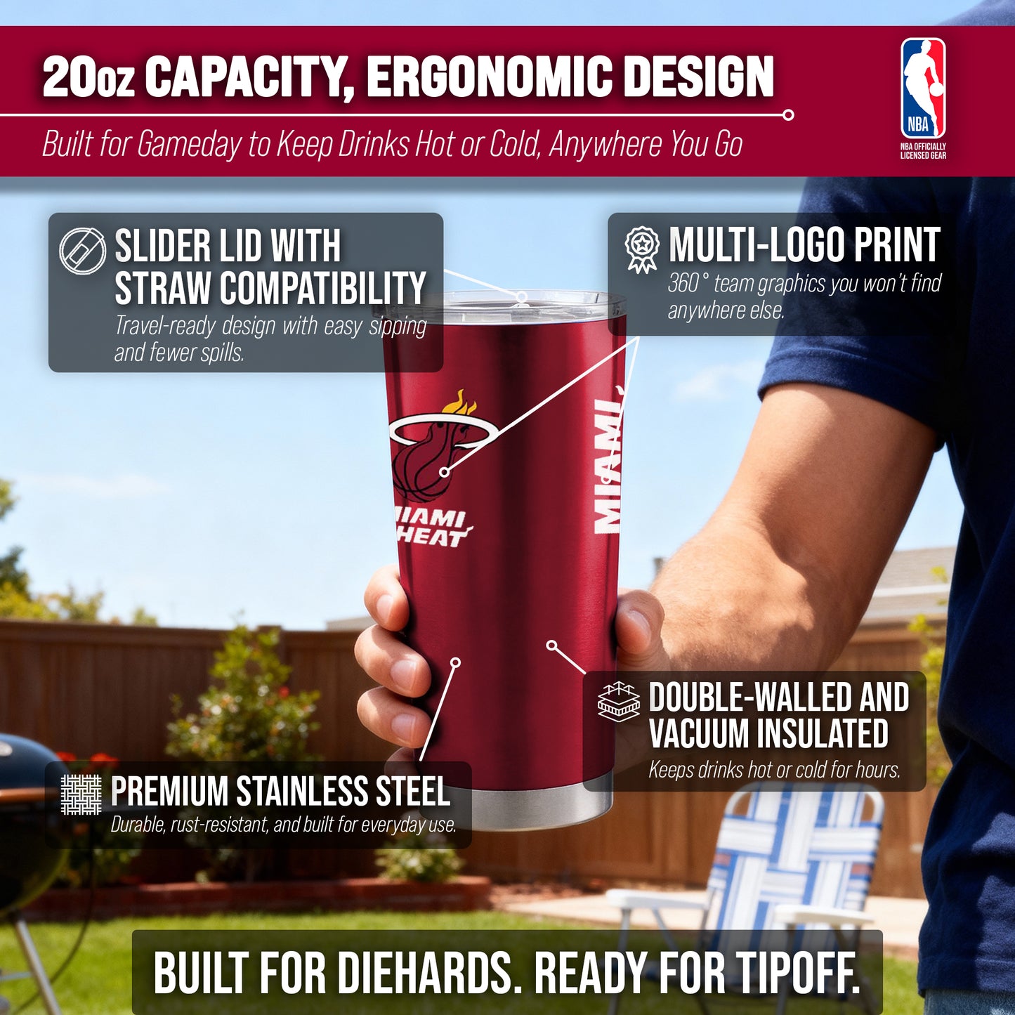Miami Heat NBA Basketball 20oz Stainless Steel Vacuum Insulated Game Day Tumbler with Silicone Grip - Garnet