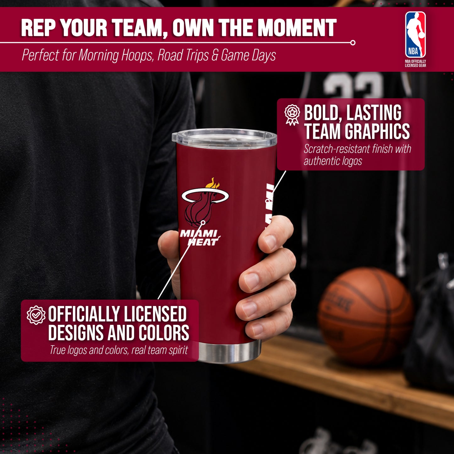Miami Heat NBA Basketball 20oz Stainless Steel Vacuum Insulated Game Day Tumbler with Silicone Grip - Garnet