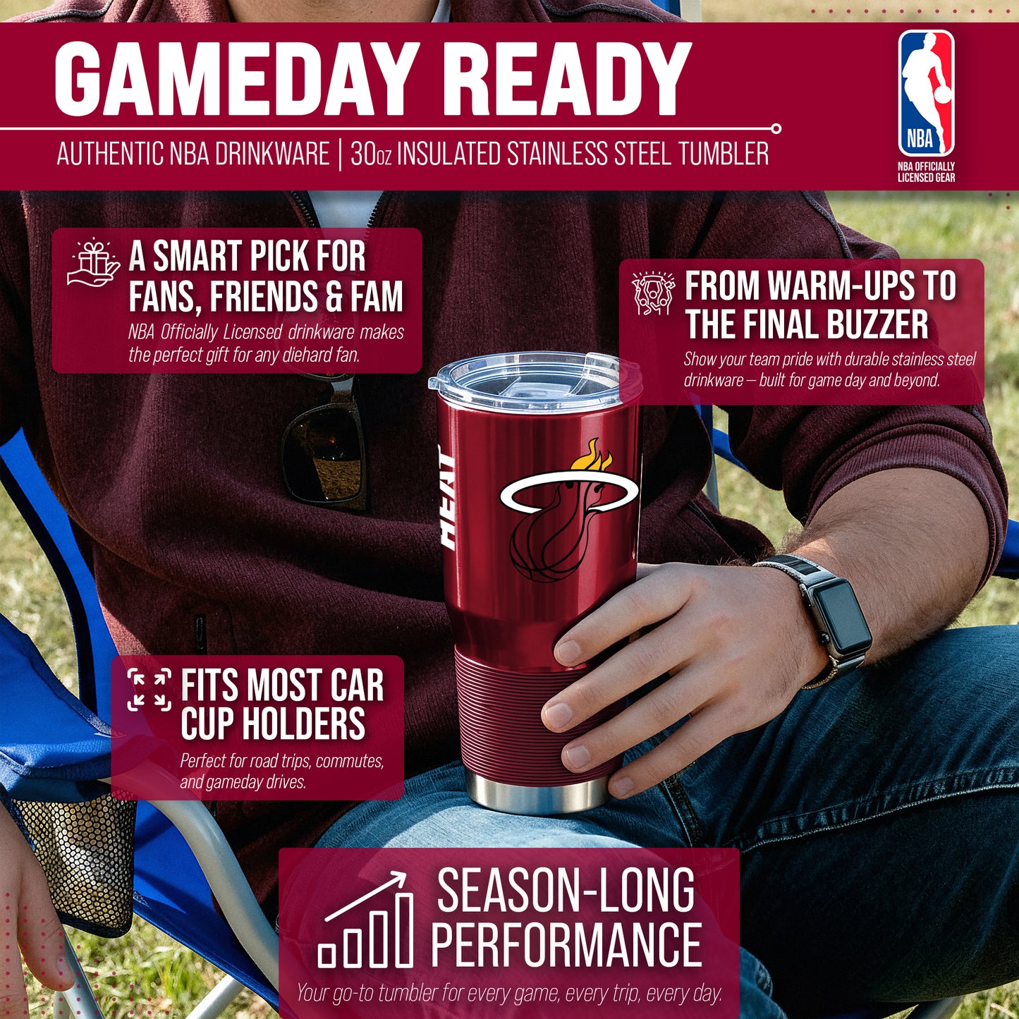 Miami Heat NBA Basketball 30oz Stainless Steel Vacuum Insulated Game Day Tumbler with Silicone Grip - Garnet