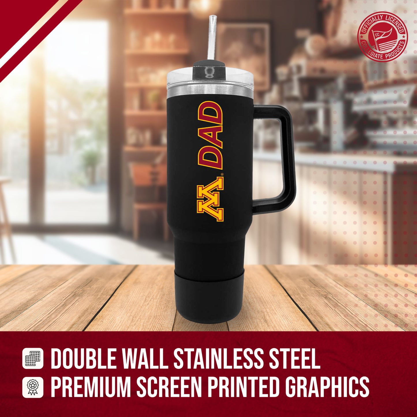 Minnesota Golden Gophers Collegiate 40oz Stainless Steel Travel Tumbler with Handle for Dad - Black