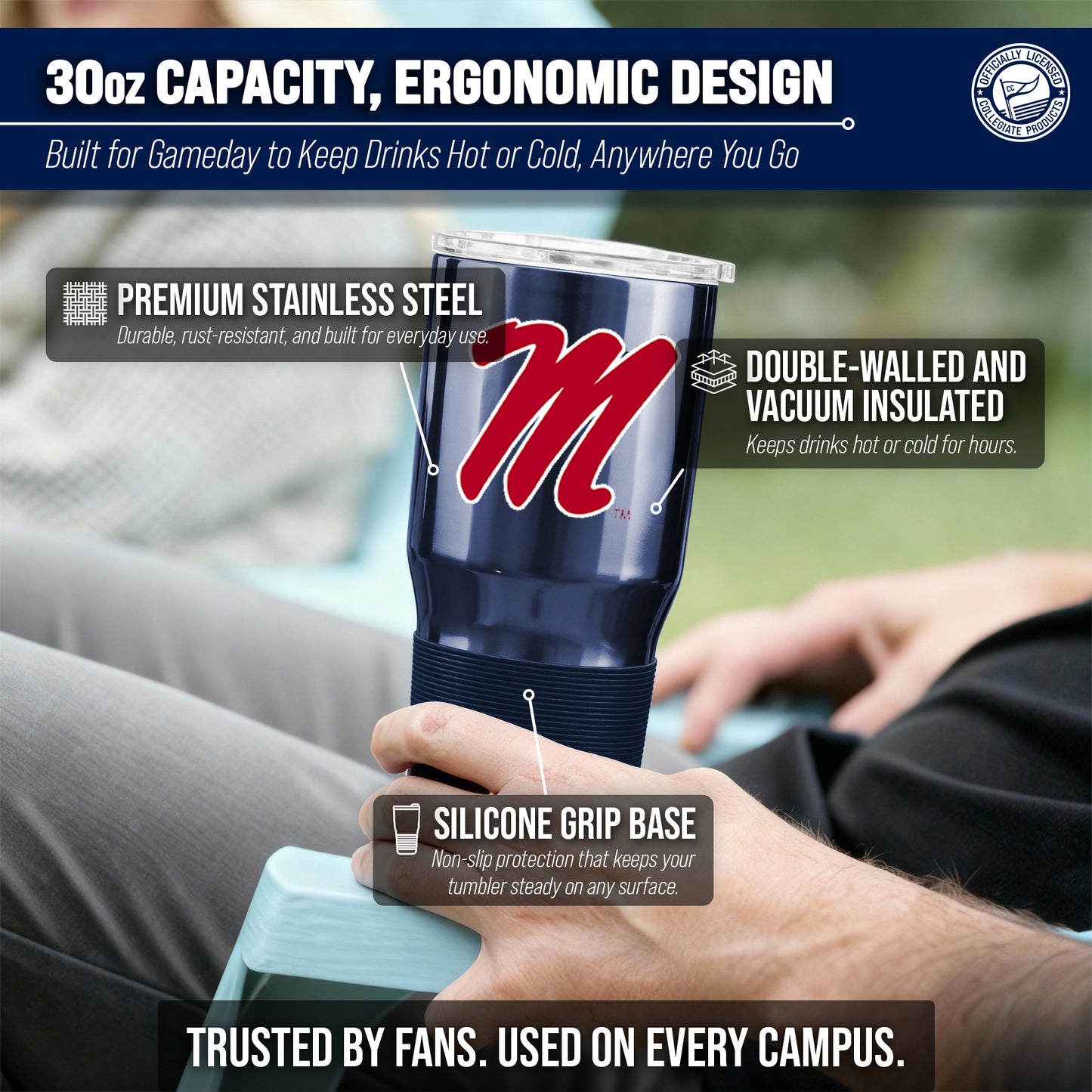 Ole Miss Rebels NCAA University 30oz Stainless Steel Vacuum Insulated Game Day Tumbler with Silicone Grip - Navy