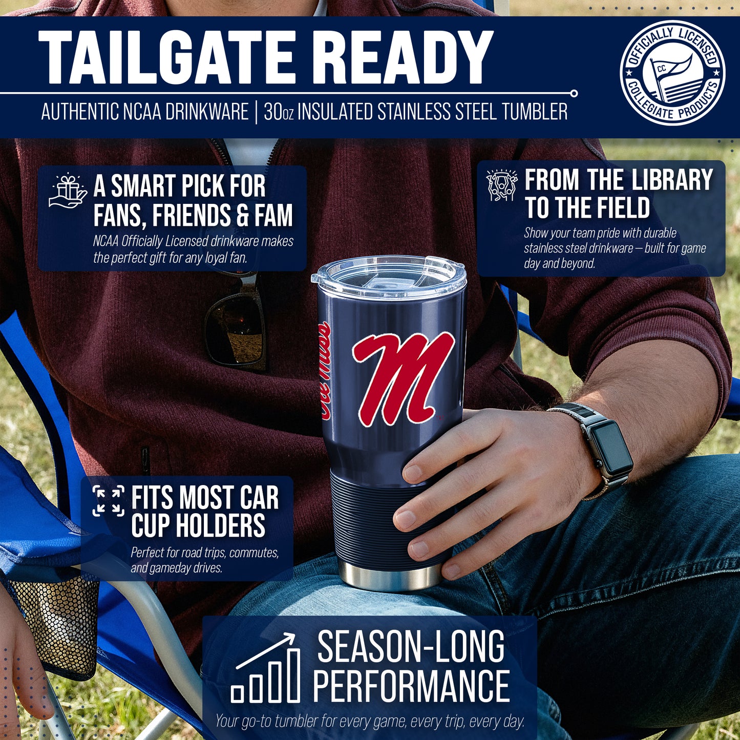 Ole Miss Rebels NCAA University 30oz Stainless Steel Vacuum Insulated Game Day Tumbler with Silicone Grip - Navy