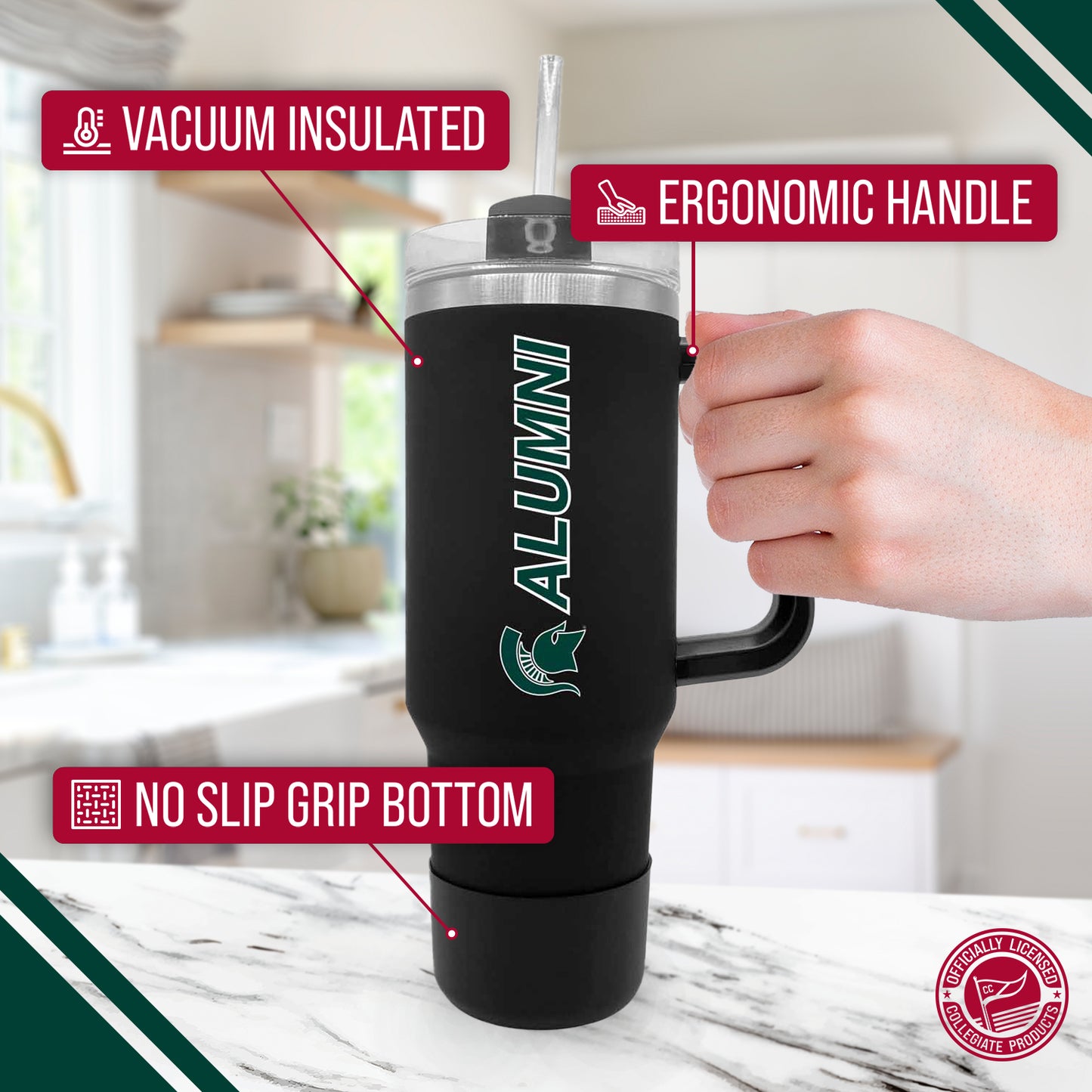 Michigan State Spartans Collegiate 40oz Stainless Steel Travel Tumbler with Handle for Alumni - Black