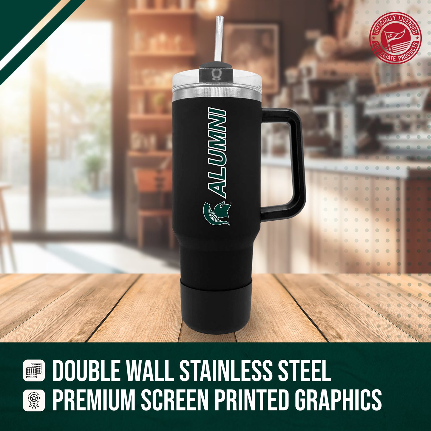 Michigan State Spartans Collegiate 40oz Stainless Steel Travel Tumbler with Handle for Alumni - Black