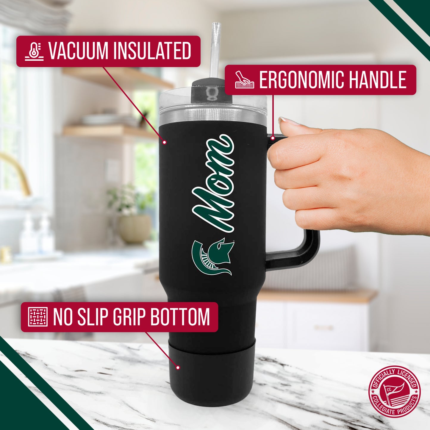 Michigan State Spartans Collegiate 40oz Stainless Steel Travel Tumbler with Handle for Mom - Black