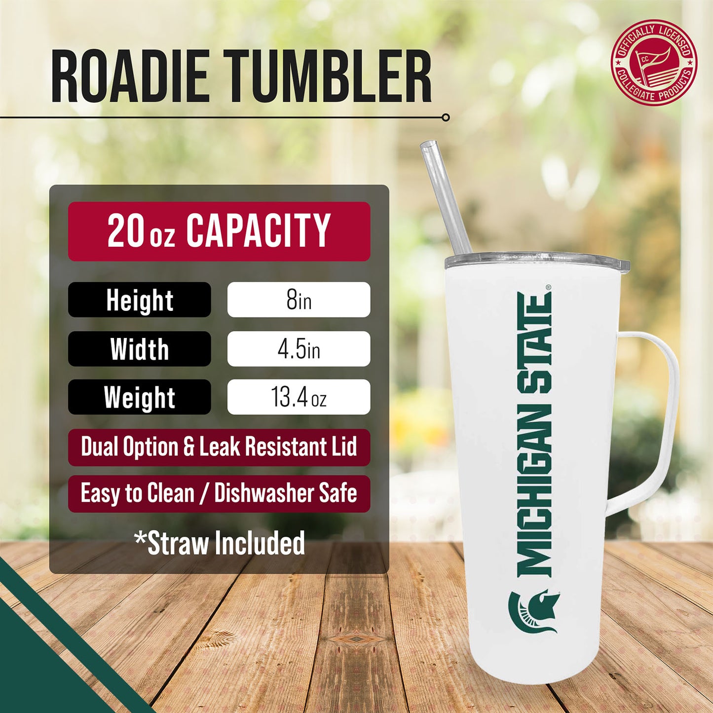 Michigan State Spartans NCAA Stainless Steel 20oz Roadie With Handle & Dual Option Lid With Straw - White