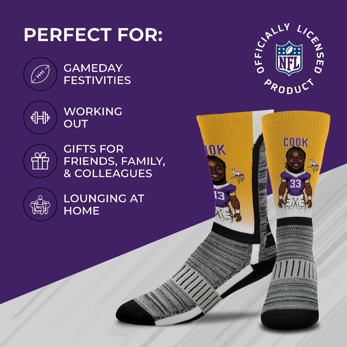 Minnesota Vikings FBF NFL Adult V Curve MVP Player Crew Socks - Gold