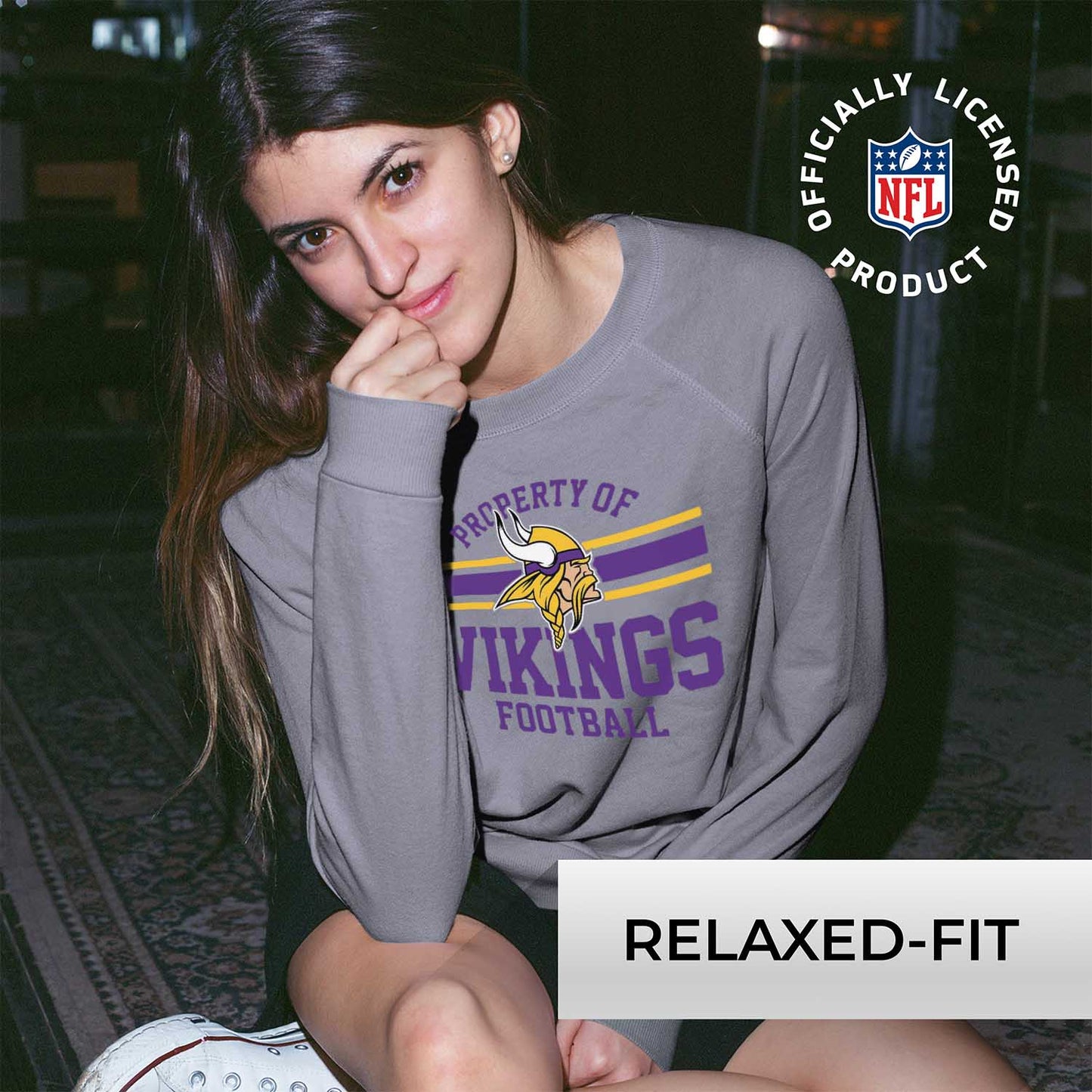 Minnesota Vikings NFL Womens Property of Lighweight Crew Neck - Sport Gray