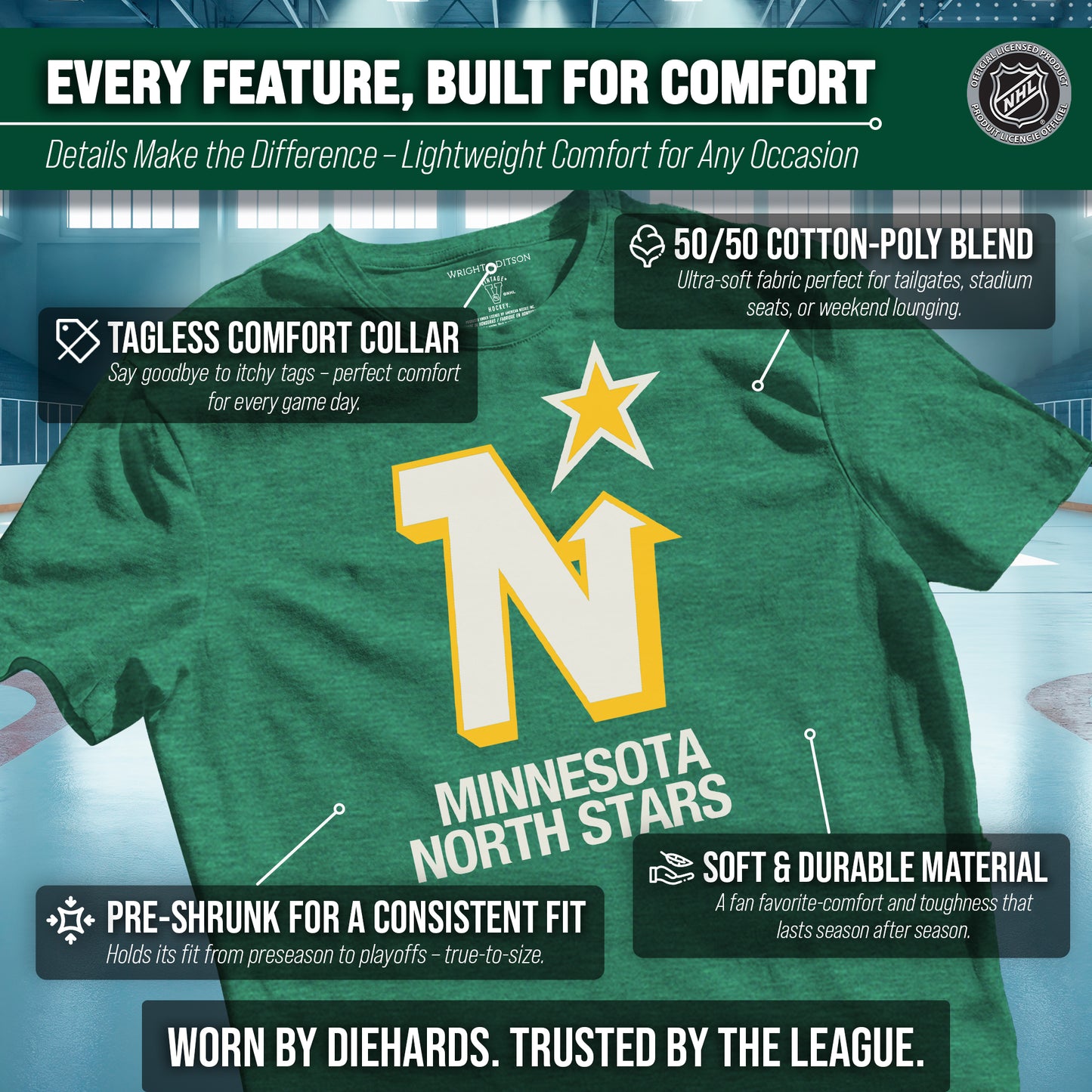 Minnesota North Stars NHL Adult Retro Logo Tag-Less T-Shirt - Kelly Green Heather
