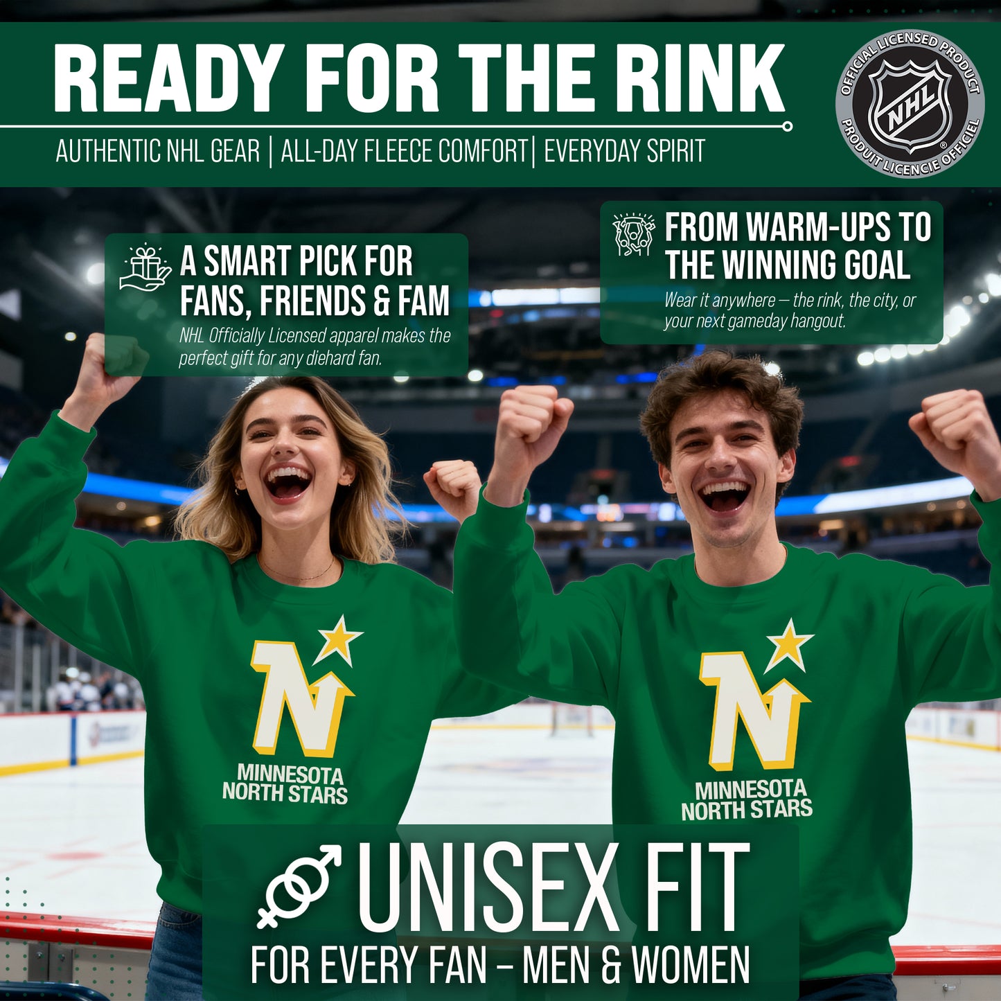 Minnesota North Stars Adult NHL Retro Logo Hockey Fleece Crewneck Sweatshirt - Kelly Green
