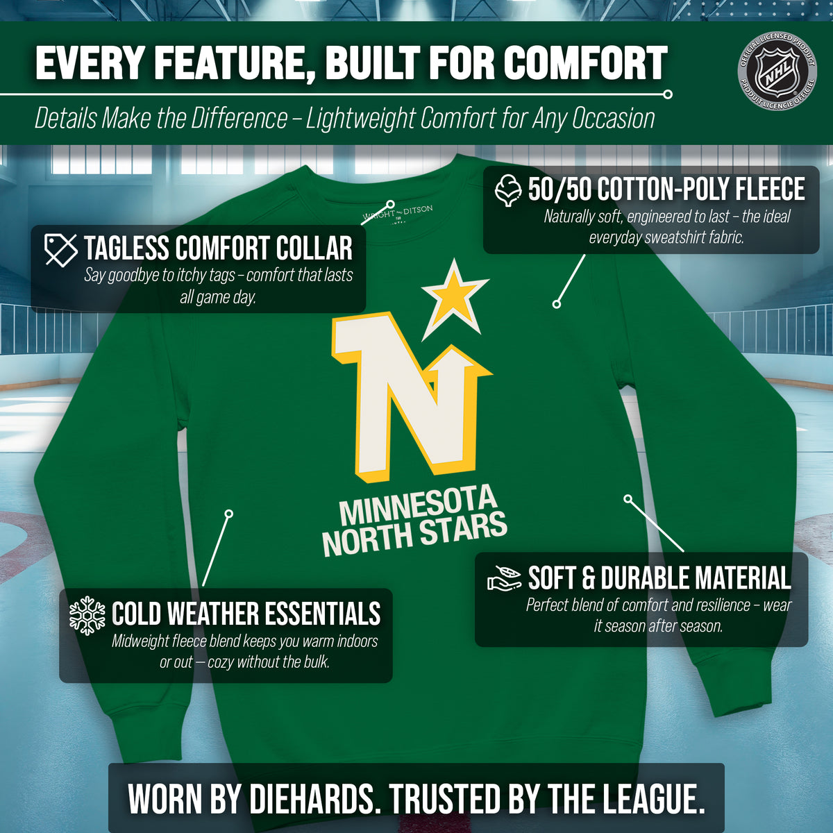 Minnesota North Stars NHL Retro Logo Fleece Crewneck Sweatshirt Men Women - Kelly Green