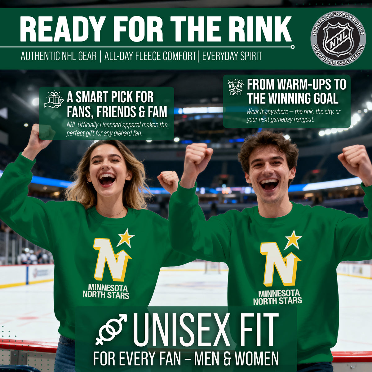 Minnesota North Stars NHL Retro Logo Fleece Crewneck Sweatshirt Men Women - Kelly Green