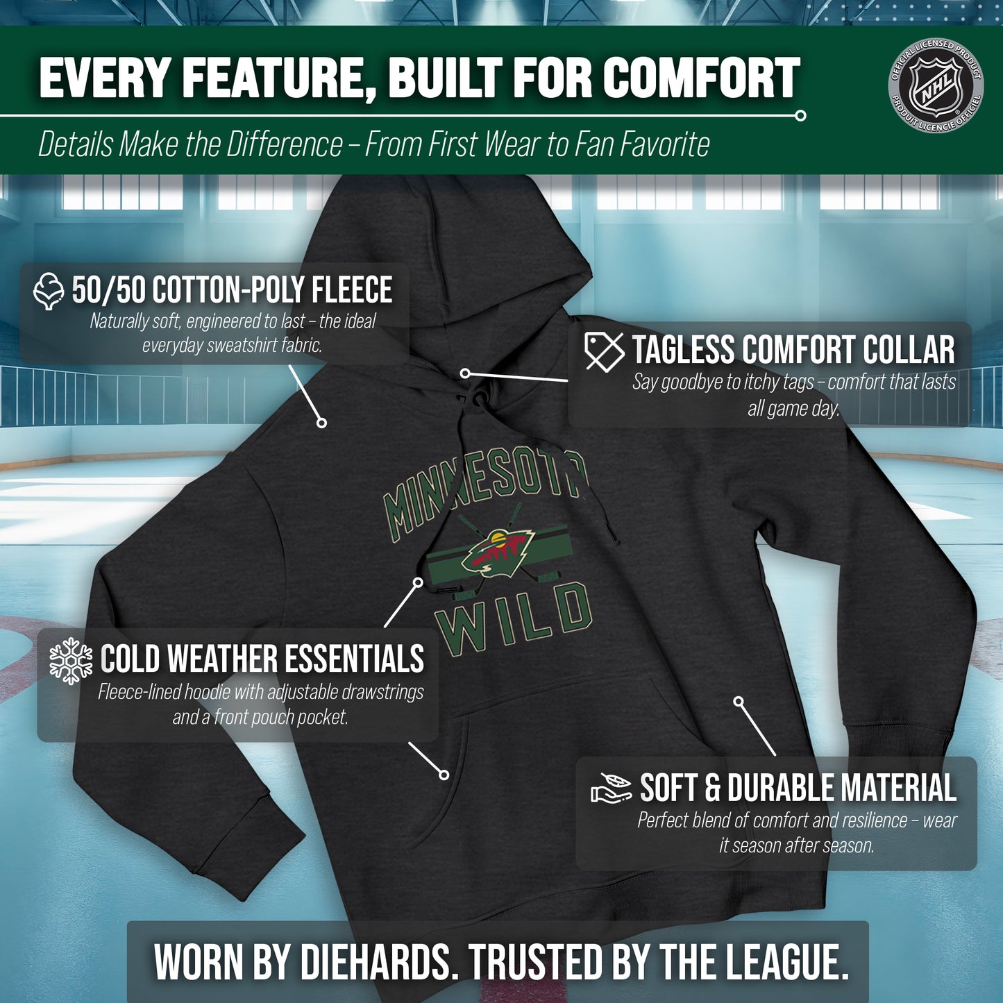 Minnesota Wild Adult NHL Faceoff Hockey Fleece Hooded Sweatshirt- Jersey Stripe - Black