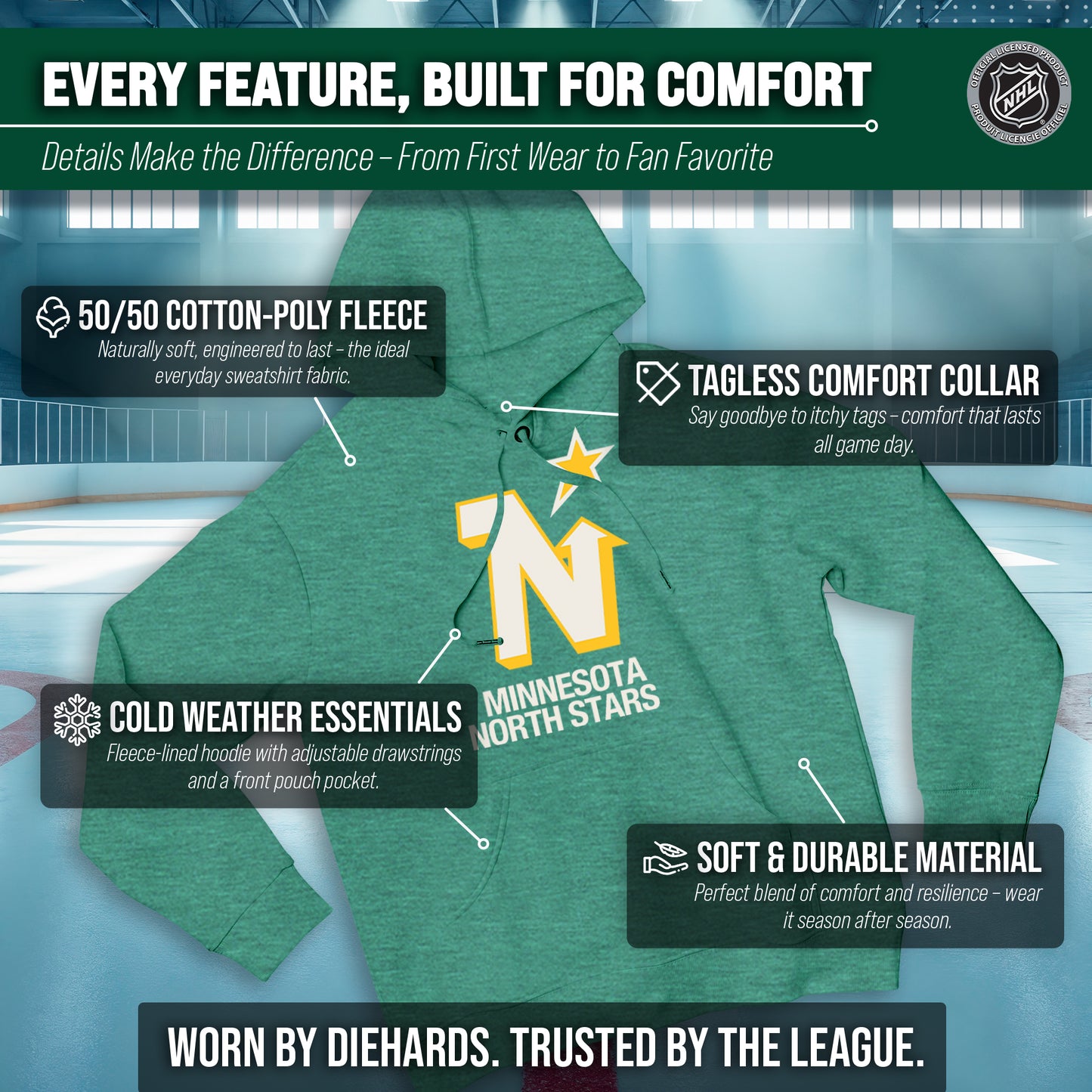 Minnesota North Stars Adult NHL Retro Logo Hockey Fleece Hooded Sweatshirt - Kelly Green Heather