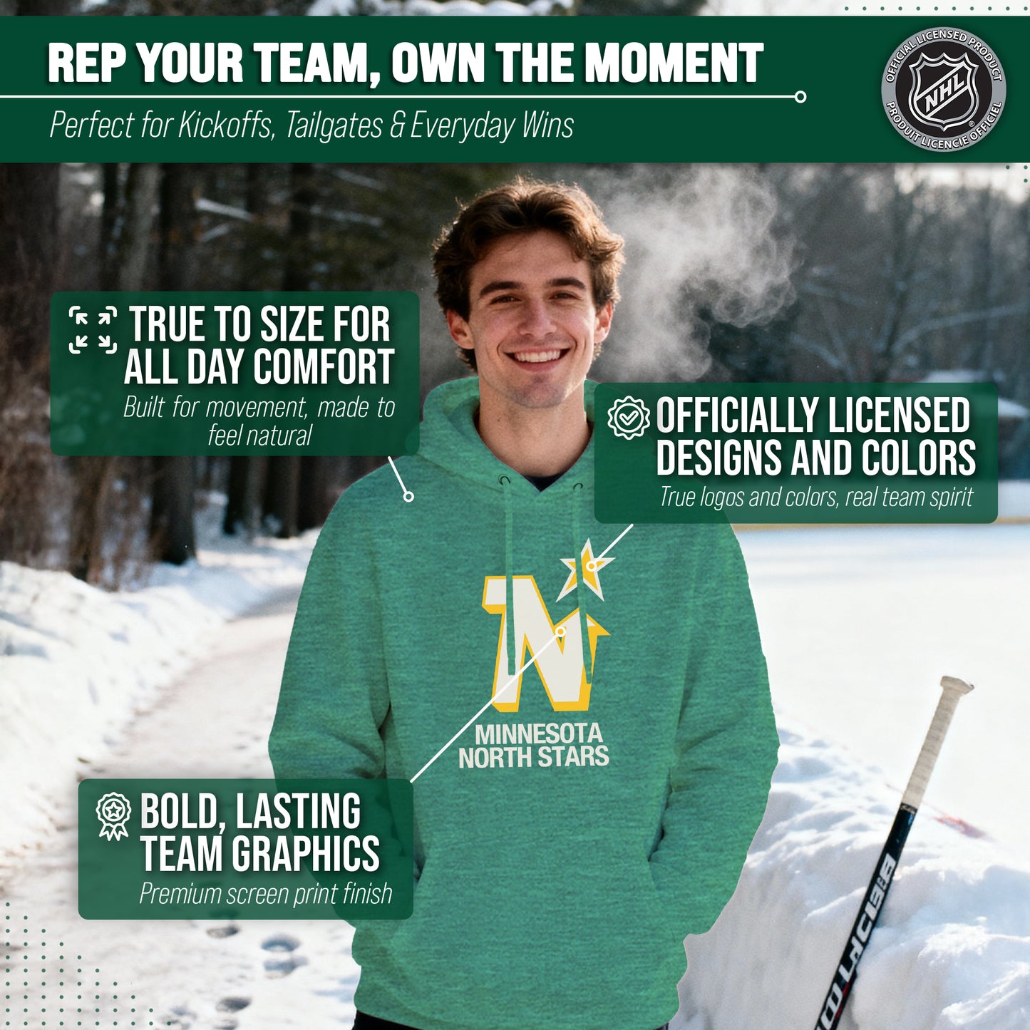 Minnesota North Stars Adult NHL Retro Logo Hockey Fleece Hooded Sweatshirt - Kelly Green Heather