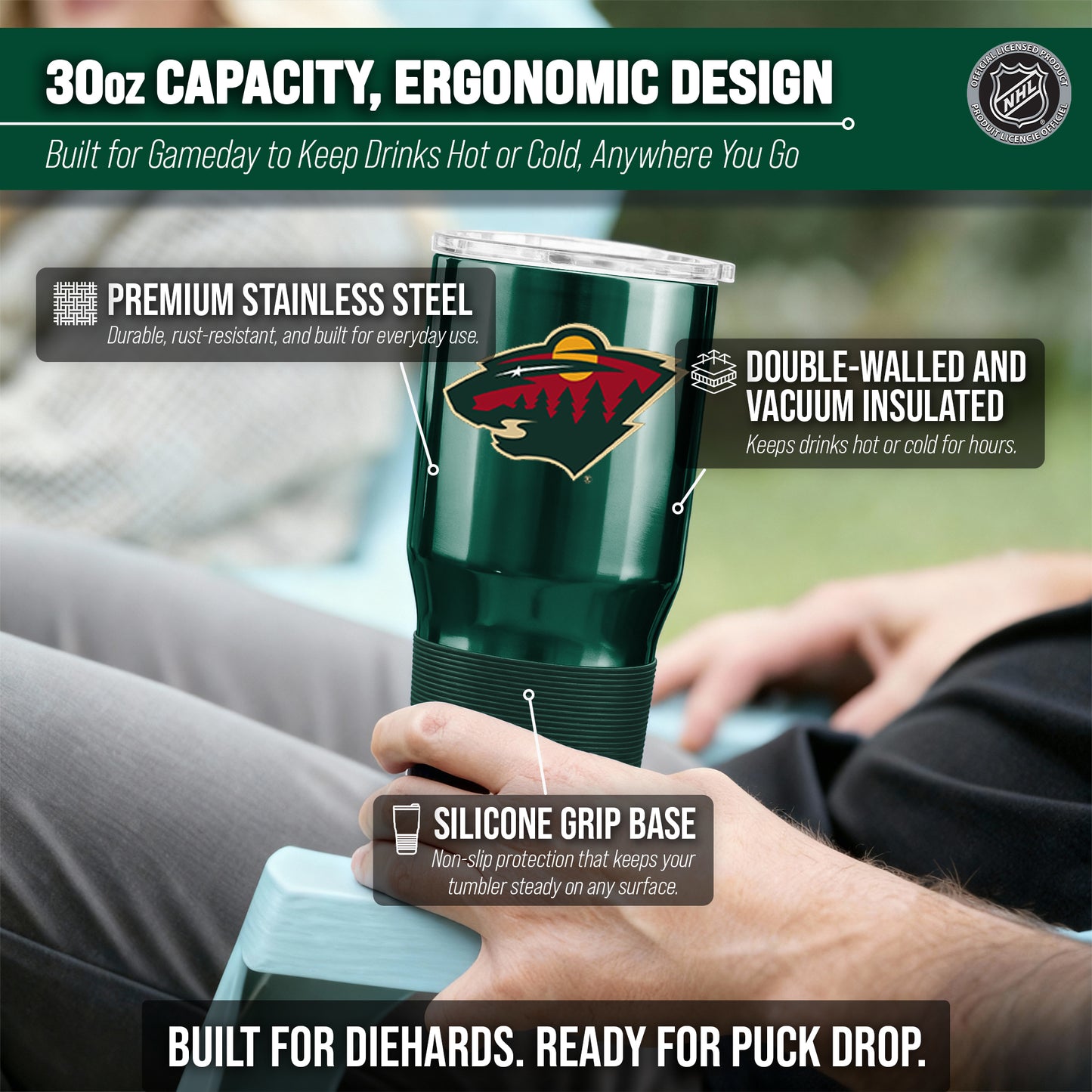 Minnesota Wild NHL Hockey 30oz Stainless Steel Vacuum Insulated Game Day Tumbler with Silicone Grip - Hunter Green