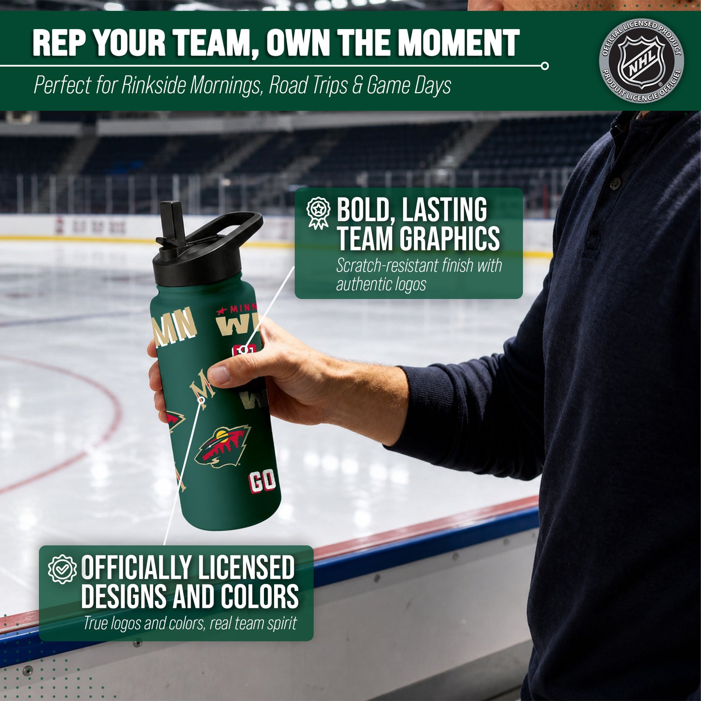Minnesota Wild NHL Hockey 34oz Stainless Steel Vacuum Insulated Game Day Water Bottle with Flip Straw Lid and Handle - Hunter Green