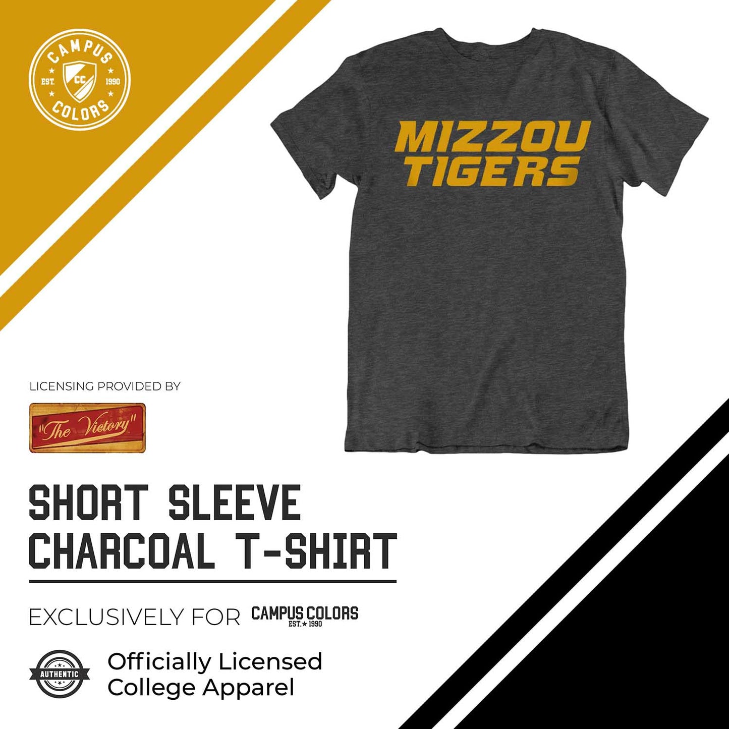 Missouri Tigers Campus Colors NCAA Adult Cotton Blend Charcoal Tagless T-Shirt - Charcoal