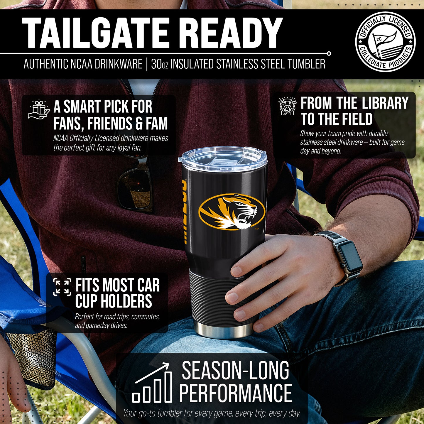 Missouri Tigers NCAA University 30oz Stainless Steel Vacuum Insulated Game Day Tumbler with Silicone Grip - Black