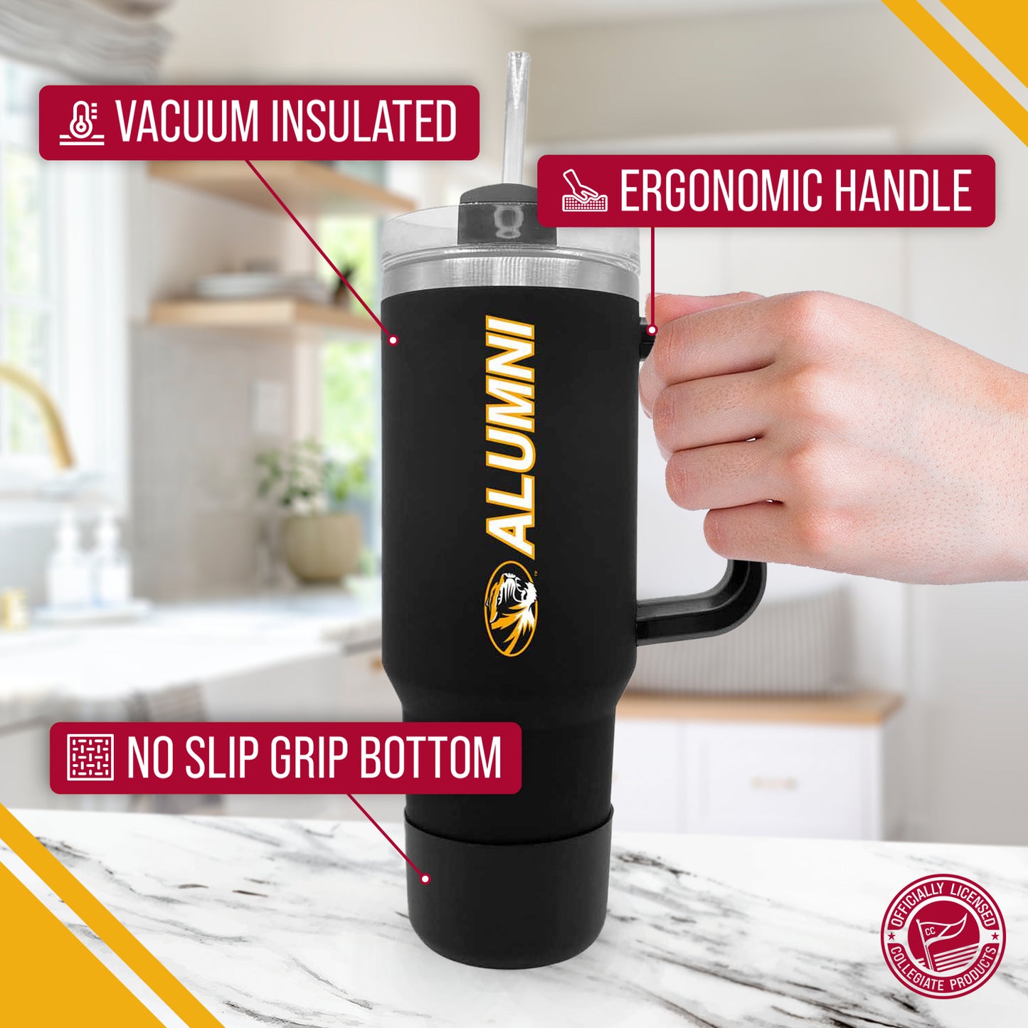 Missouri Tigers Collegiate 40oz Stainless Steel Travel Tumbler with Handle for Alumni - Black