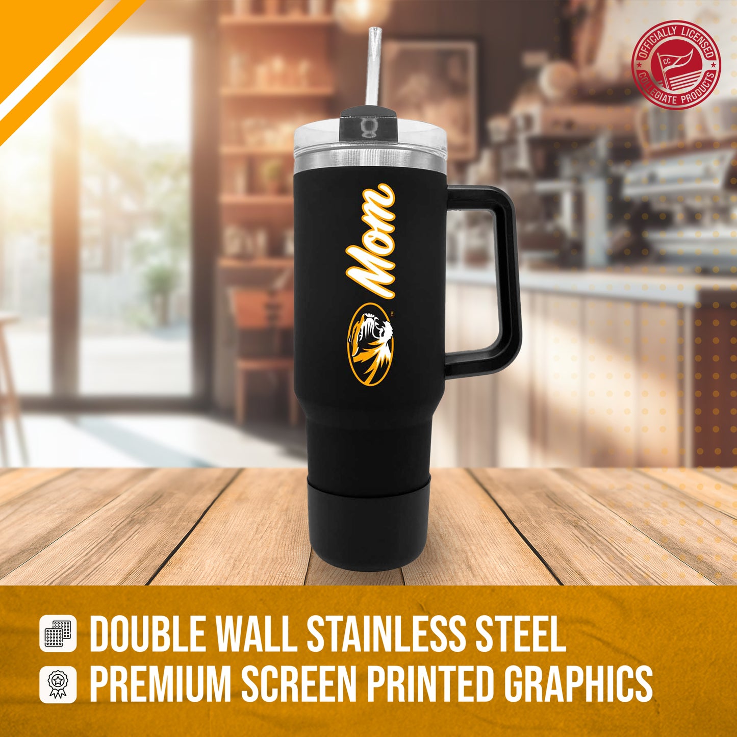 Missouri Tigers Collegiate 40oz Stainless Steel Travel Tumbler with Handle for Mom - Black
