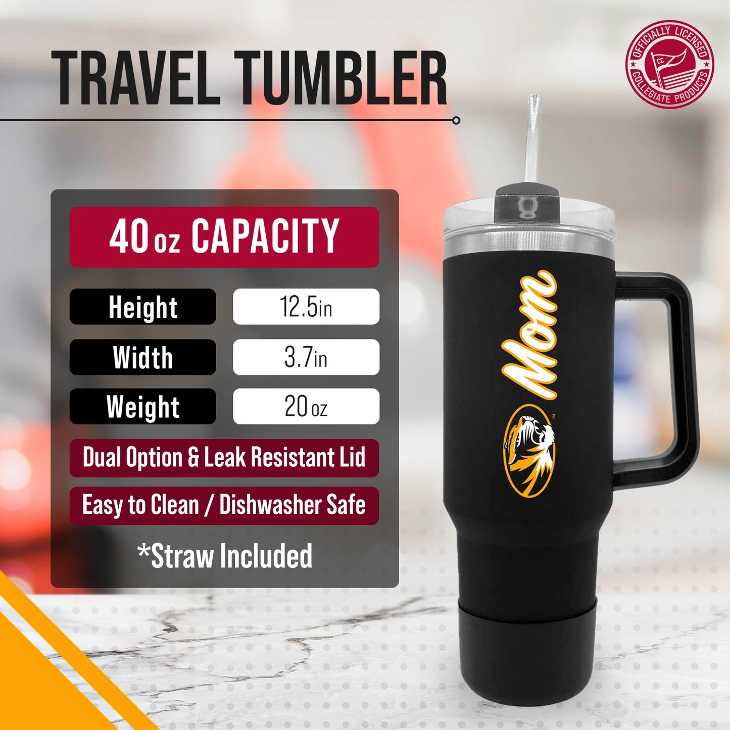Missouri Tigers Collegiate 40oz Stainless Steel Travel Tumbler with Handle for Mom - Black