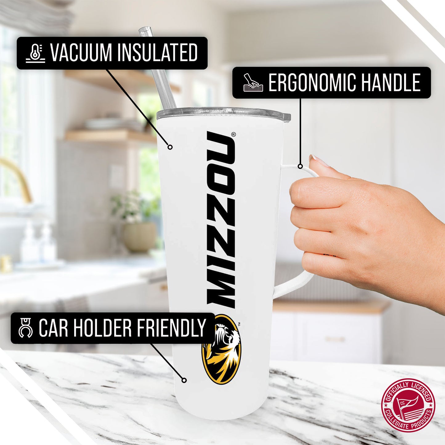Missouri Tigers NCAA Stainless Steel 20oz Roadie With Handle & Dual Option Lid With Straw - White