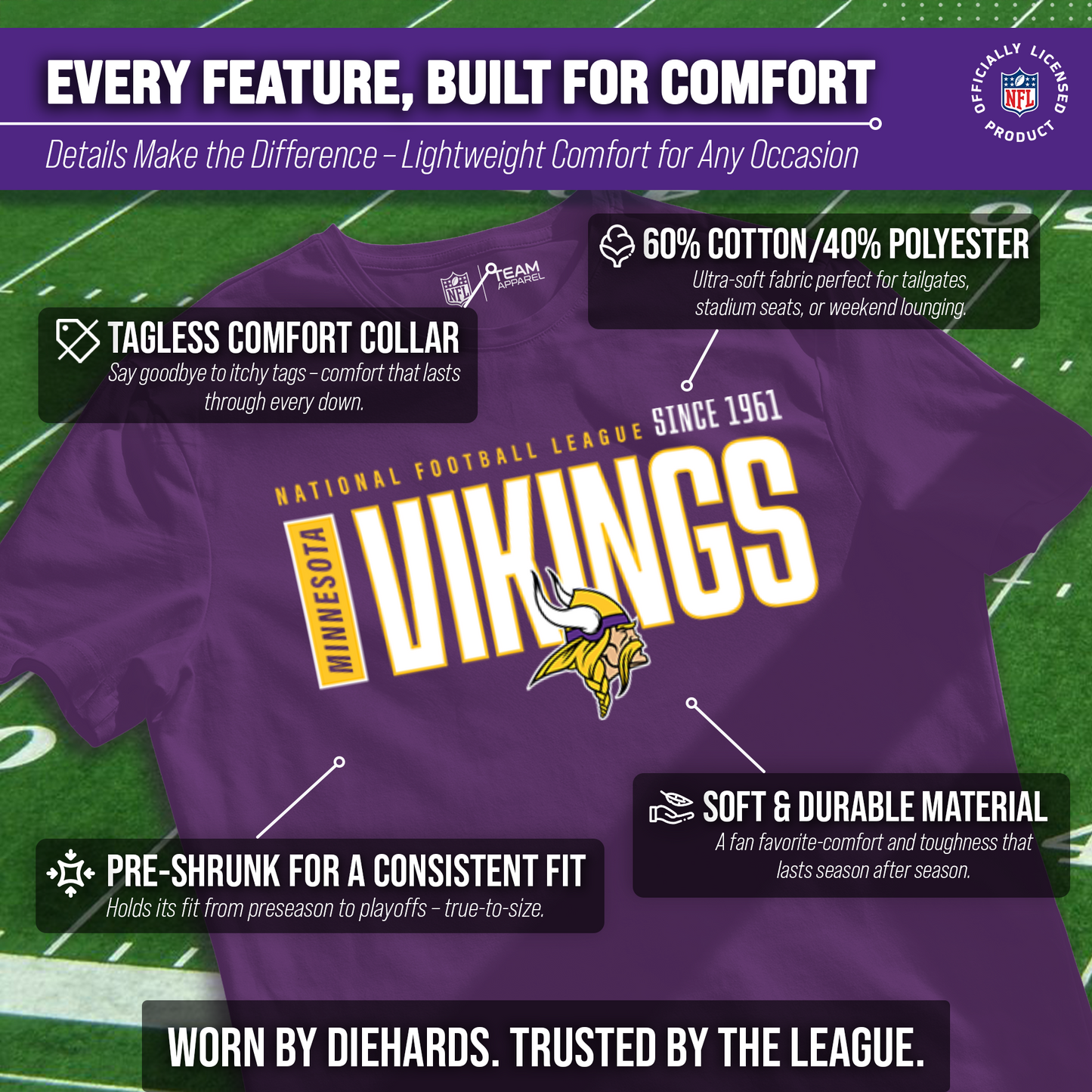 Minnesota Vikings NFL Youth Modern Endzone Football T-Shirt Unisex Tag Free Comfortable - Purple