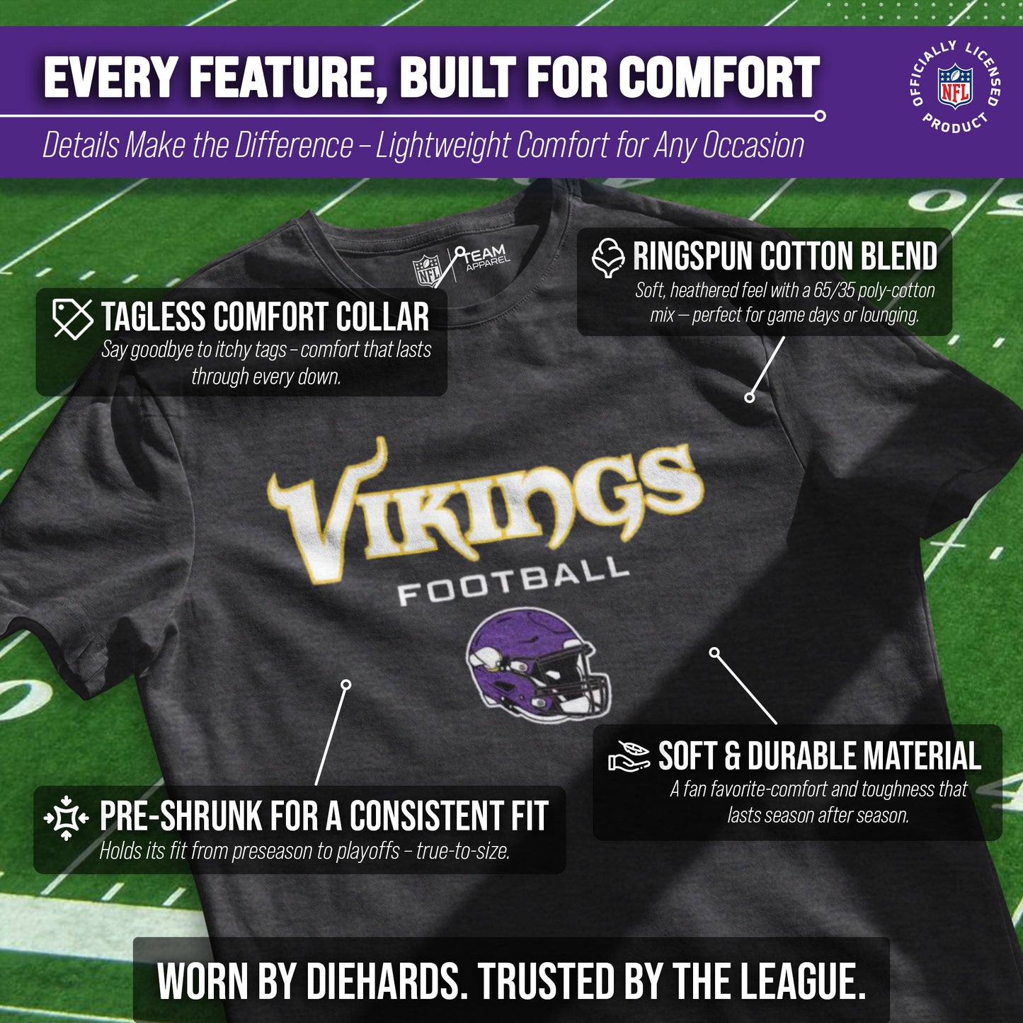 Minnesota Vikings NFL Adult Football Helmet Tagless T-Shirt - Charcoal